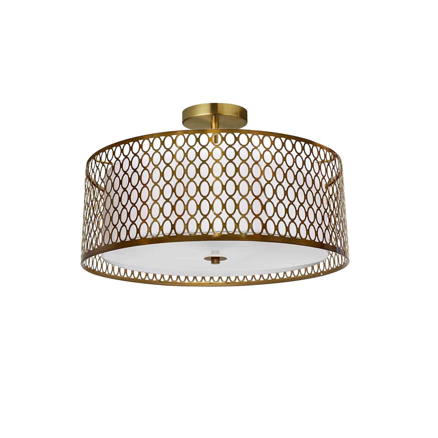 3 Light Aged Brass Semi-Flush Mount with White Shade and Laser Cut Outer