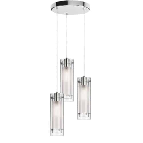 3 Light Round Pendant, Polished Chrome Finish, Clear Frosted Glass