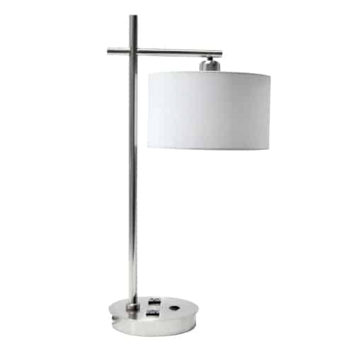 A strong linear element contrasts with a round shade to create the eye-catching style of the Floor and Table Task lighting collection. The fashionable design will complement your modern and minimalist décors. A metal base and rod in a polished chrome finish incorporates an intersecting arm that holds the classic drum style shade in white linen fabric. The table top configuration includes electrical USB plugs in the base. The stylish details add up to a practical design that will enhance your living room, bedroom or office space.