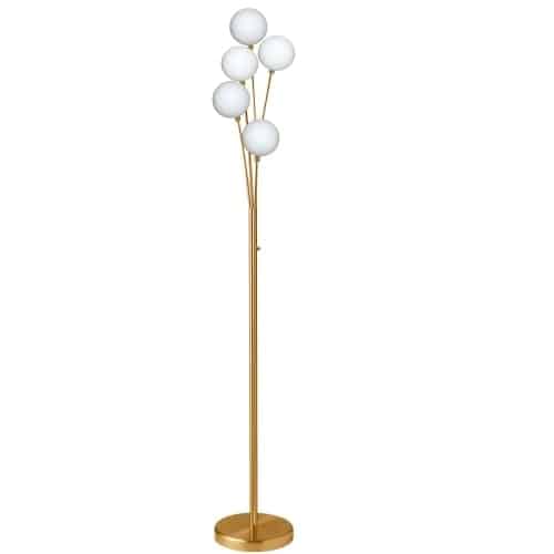 The inspiration for the Budding Branch family of lighting is obvious  the beauty of nature at its peak. Available in either floor or desk configurations, it's a bright and beautiful design with a unique silhouette. The metal frame in your choice of finish springs up from a substantial round base into five branches, each set with a glass globe light. Illumination is cast all around, and softened by your choice of glass finish. With its singular profile and nature-inspired style, Budding Branch family works with transitional and modern décor schemes in a bedroom, living room or fashionable office space.