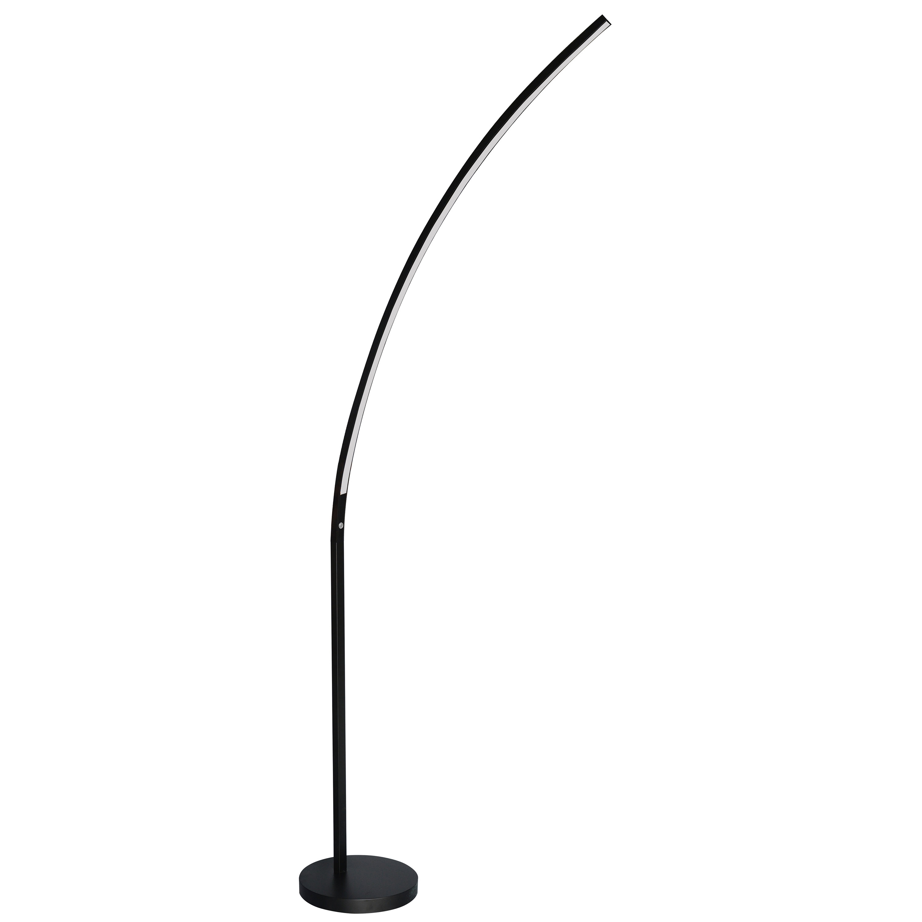 Clean lines and appealing curves draw attention to the Gentle Bend family of lighting. The design features an integrated LED light. LED fixtures produce light at up to 90 percent better efficiency than incandescent lighting. The rod extends upwards from a metal base, incorporating a slight bend that begins halfway up the construction. The LED light, set inside the curve, can be placed to provide welcome illumination over a specific area. Form and function blend together in a seamless design for your modern living room, bedroom or office space.