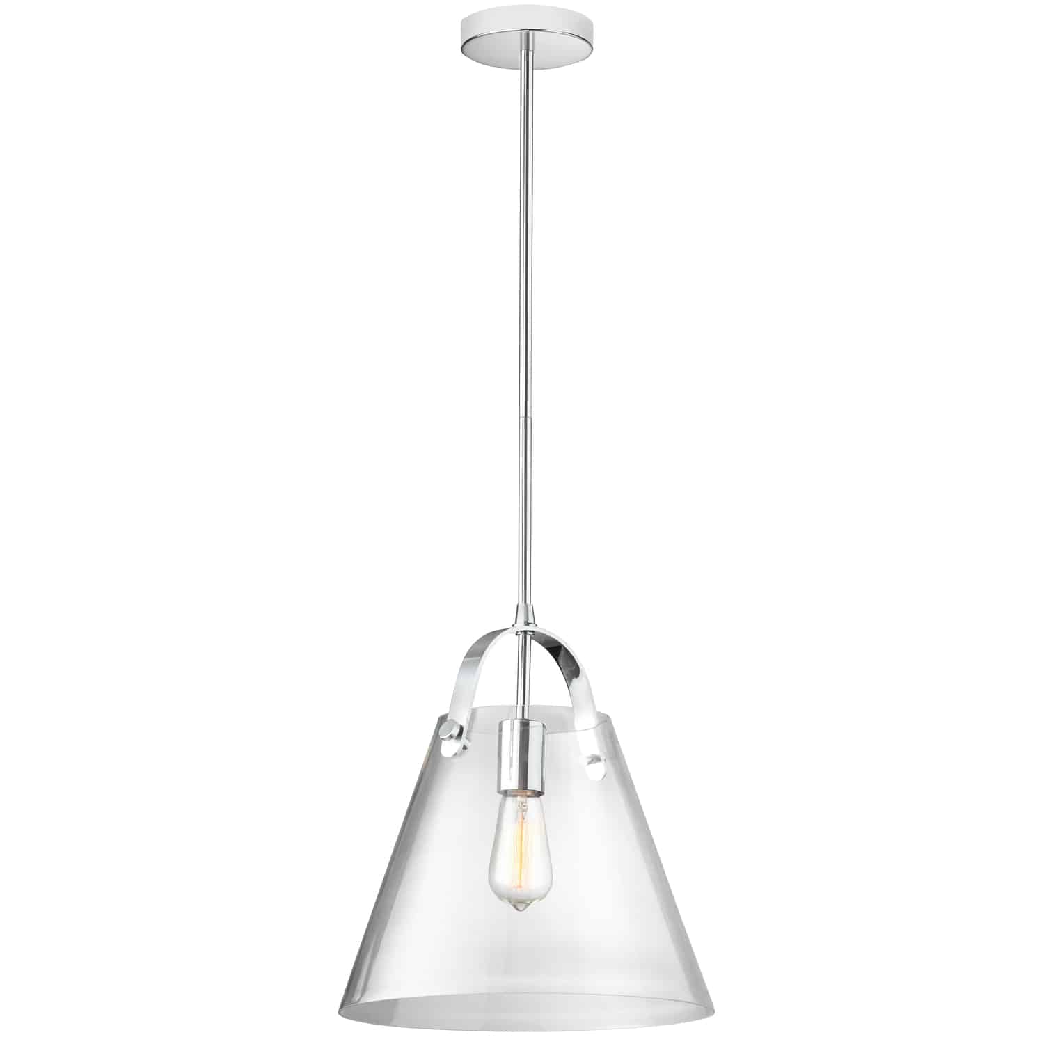 The Polly family of lighting acts like a spotlight that will draw attention to the furnishings in its vicinity. It features an intriguing design with a modern sheen. The metal frame in your choice of finish drops straight into a glass housing with a tapered drum shape. A metal arm curves upwards towards the drop to complete a triangular outline. Along with the metal finish, different bulb shapes create multiple looks. The unusual profile and gleaming surfaces make it a stylish addition to foyers, kitchens and dining rooms.