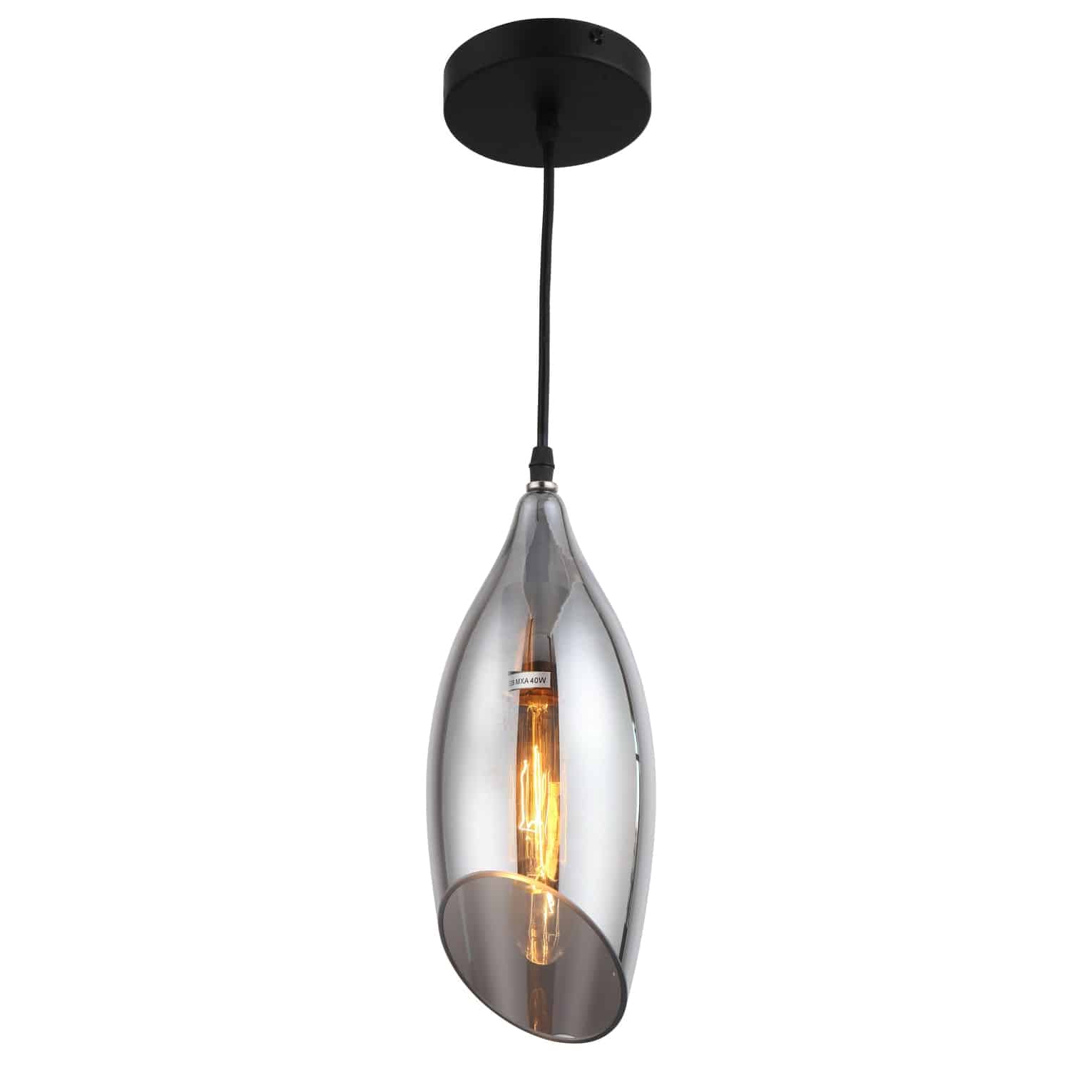 1 Light Incandescent Pendant, Black Finish with Smoked Glass