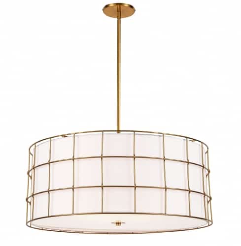 Distinctively different, the Alcala family of lighting fixtures feature a contrasting geometric design that draws the eye. The interplay of rounded form and a metal grid housing will soften the effect of minimalist furnishings, and add a textural element to your décor.  The metal body comes in your choice of shimmering aged brass or matte black finishes, with a white fabric shade for warm, skin-friendly lighting. With its unique sense of style, Alcala will work with mid-century to ultra-modern décor.  Form and function meet with panache in the Alcala family of lighting.