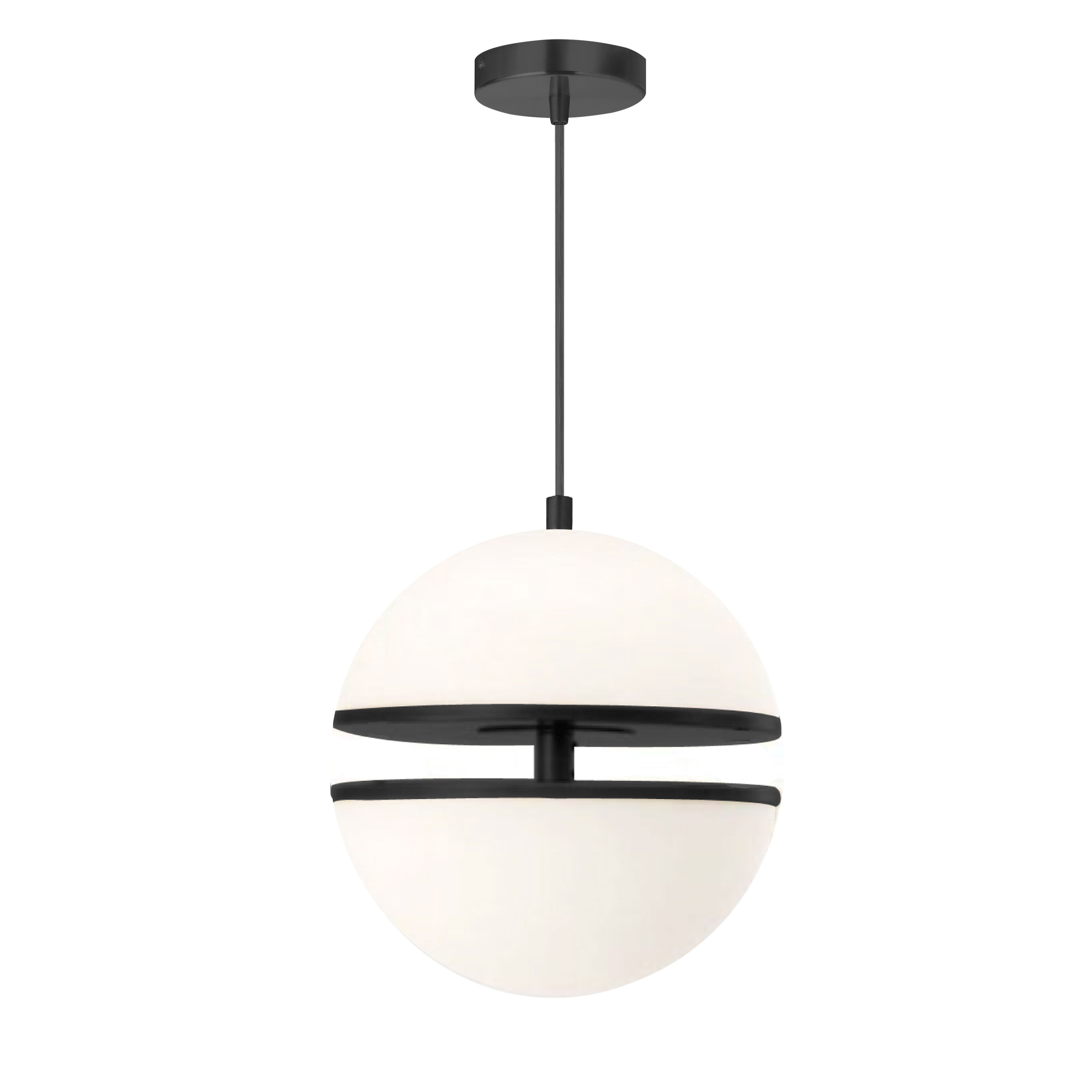 Inspired by the shapes of the cosmos, the Atomic family of lighting builds on the basic appeal of the sphere. An intriguing element of construction adds a focal point at the center of the design. A simple drop leads to a metal frame and a white glass globe with a separated upper and lower half. Lights shine from both halves. In one option, the frame in a contrasting color is visible at the mid-gap. In another option, a fabric shade in complementary or contrasting color rings the middle for a subtler glow of lighting. The stylish modern Atomic family of lighting will blend into your fashionable living or dining room, or main hallway.