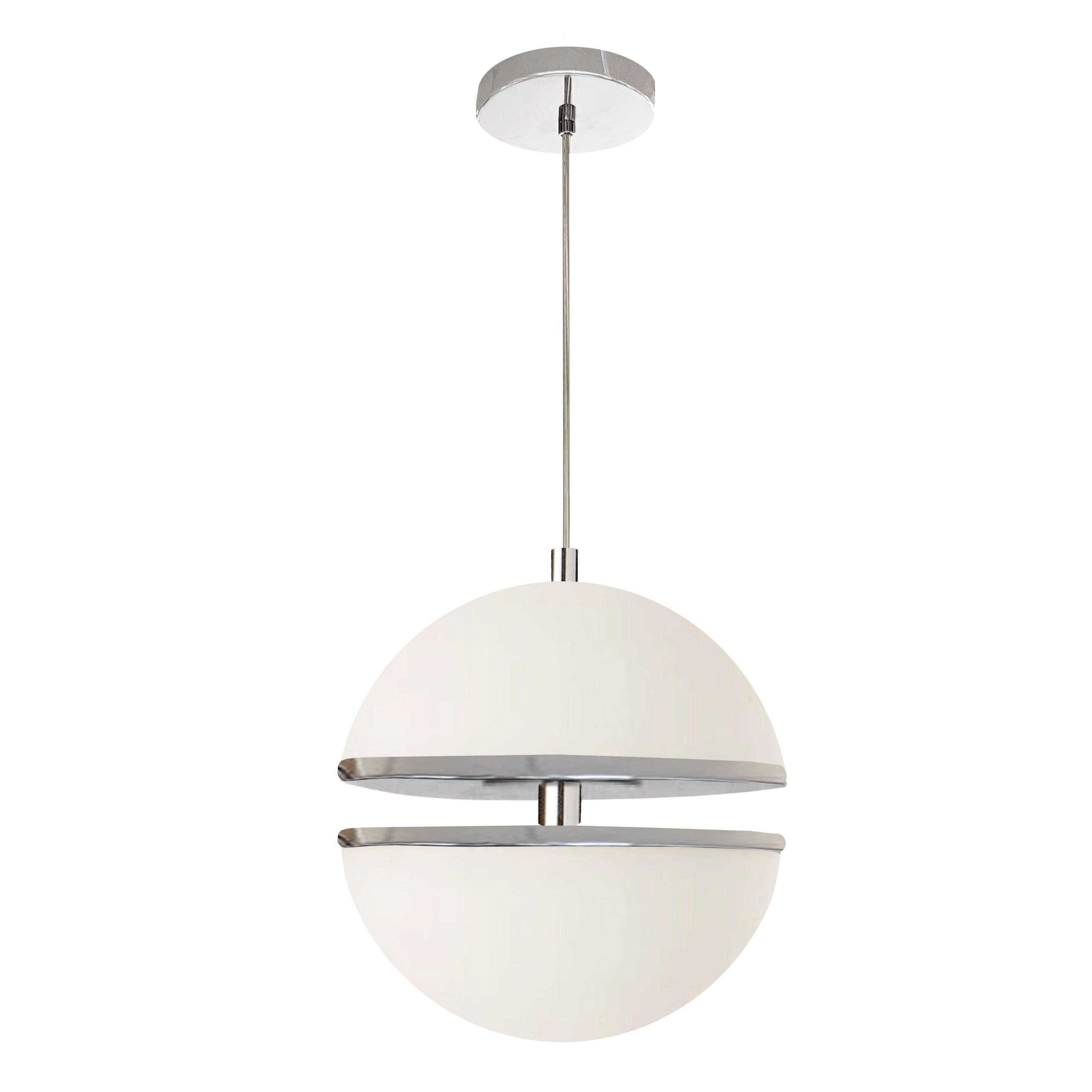 Inspired by the shapes of the cosmos, the Atomic family of lighting builds on the basic appeal of the sphere. An intriguing element of construction adds a focal point at the center of the design. A simple drop leads to a metal frame and a white glass globe with a separated upper and lower half. Lights shine from both halves. In one option, the frame in a contrasting color is visible at the mid-gap. In another option, a fabric shade in complementary or contrasting color rings the middle for a subtler glow of lighting. The stylish modern Atomic family of lighting will blend into your fashionable living or dining room, or main hallway.