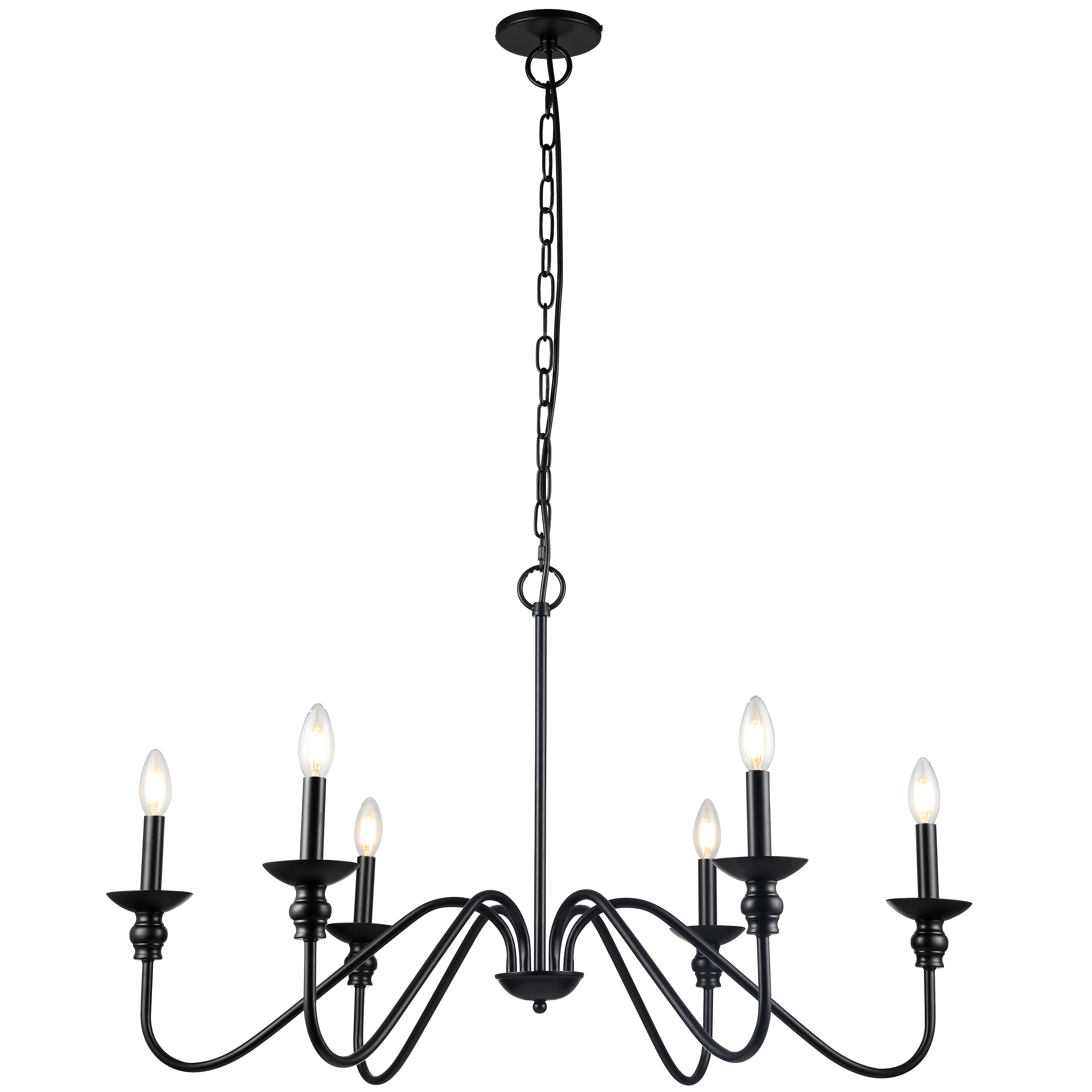 The Clara chandelier has a classic allure that evokes the elegance of Victorian drawing rooms, and styles reminiscent of the early to mid 20th century.  A chain drop with a metal frame in a matte black finish neatly contrasts white incandescent lighting in the traditional candle-like shape. Individual sconces and a symmetrical elegance add to its ageless sense of style.  Clara chandelier lighting is the perfect foil for traditional or even antique décor and furnishings in the dining or living rooms.
