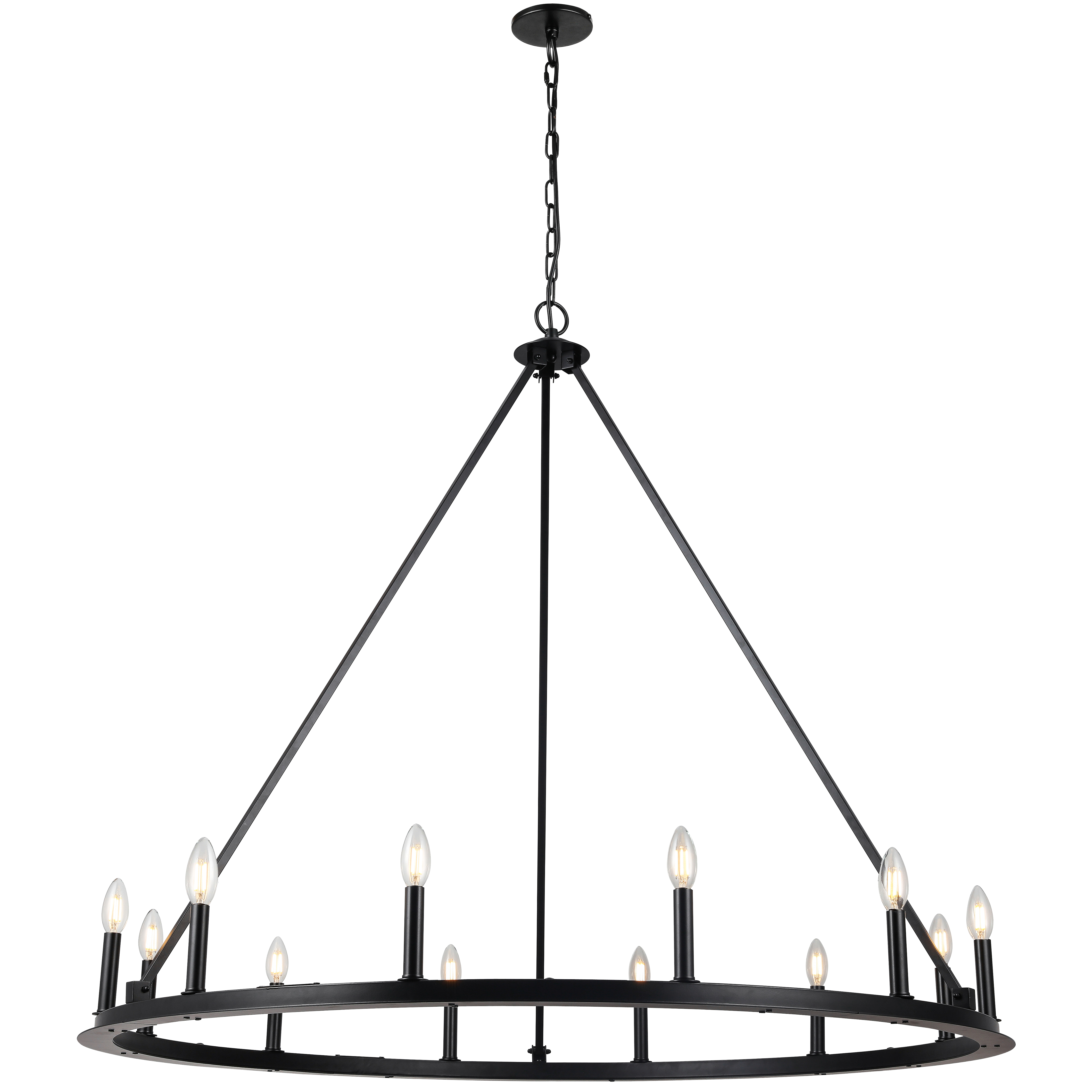 With an allure that takes its inspiration from period banquet halls, the Colby line of chandeliers adds a sleek modern finish. The effect is transitional  one that can blend with virtually any type of décor.  A chain drop and metal frame in elegant matte black contrast white incandescent lights with a traditional design. Clean, precise lines add a modern statement to its traditional elements.  A Colby chandelier with make a focal point of your dining room table, or add a sophisticated touch of luxury to kitchens, hallways or foyers.