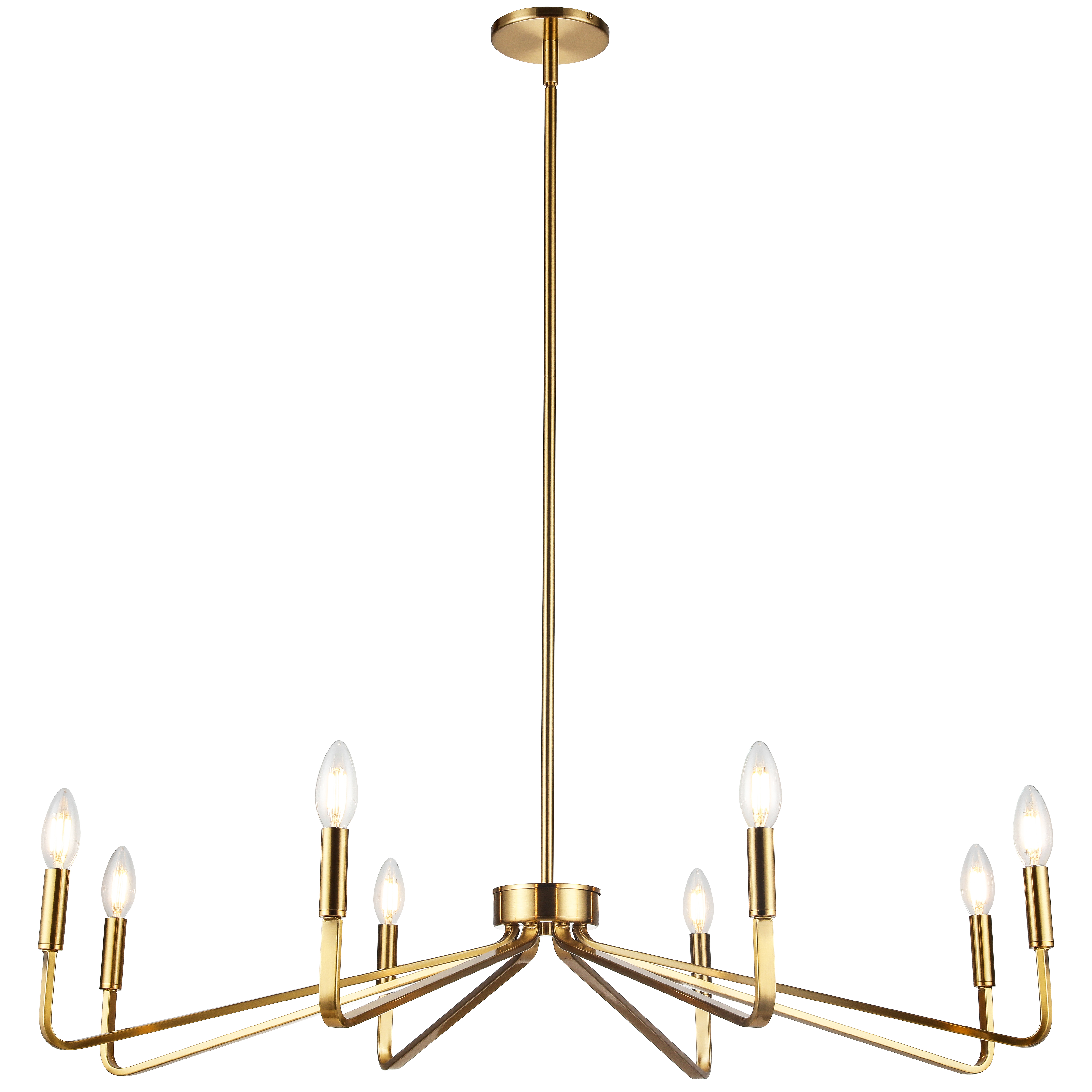 The traditional chandelier design gets a thoroughly modern makeover in the Clayton family of lighting. Straight lines and gleaming metal make a definitive statement in cutting edge glamour.  A metal drop and frame comes in a choice of finish, contrasting or complementing white incandescent bulbs in the traditional candle shape. The frame places the bulbs in a symmetrical, one-sided pattern perfect for placement against a wall.  It's a look that complements a fashionable dining room, kitchen, or even a hallway.
