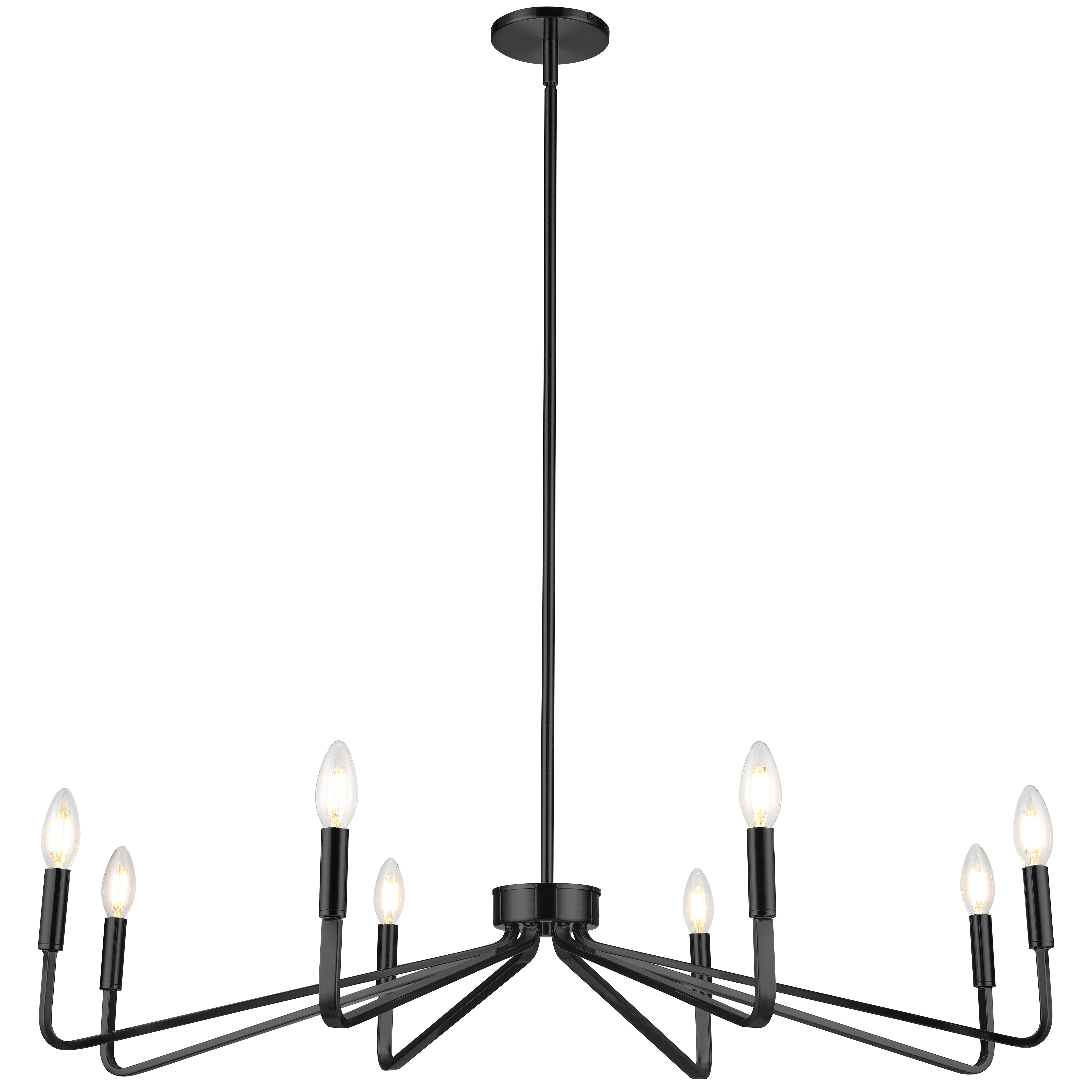 The traditional chandelier design gets a thoroughly modern makeover in the Clayton family of lighting. Straight lines and gleaming metal make a definitive statement in cutting edge glamour.  A metal drop and frame comes in a choice of finish, contrasting or complementing white incandescent bulbs in the traditional candle shape. The frame places the bulbs in a symmetrical, one-sided pattern perfect for placement against a wall.  It's a look that complements a fashionable dining room, kitchen, or even a hallway.