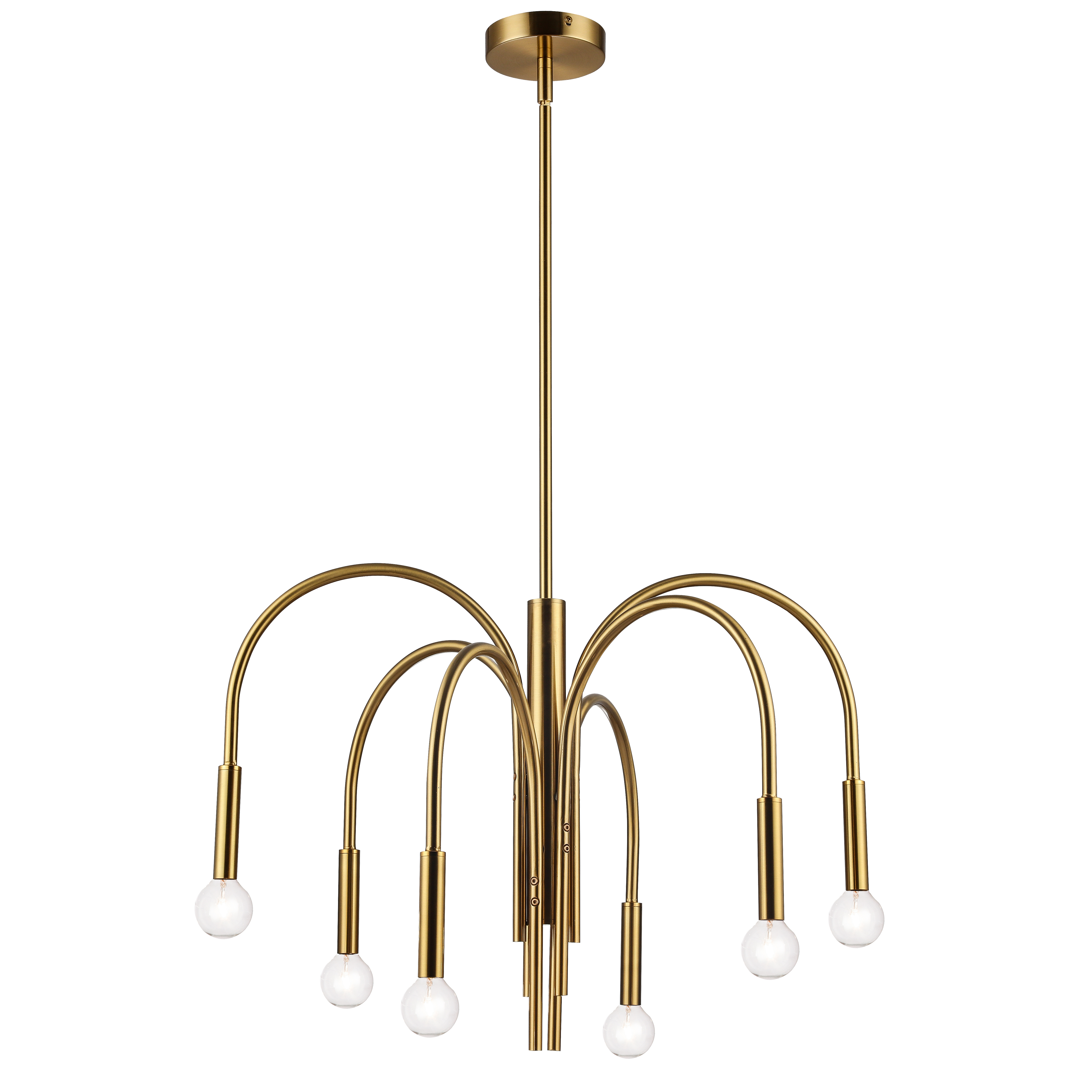 Modern, yet timeless, and sleek, but with a hint of vintage distinction, the Callway chandelier has a fluid sense of elegance that will grace any room.  The base drop is crafted in metal, with a choice of finish that provides a contrast to the light fixtures. The bulbs are round, completing the curved design. Callway chandelier lighting will blend with both modern and more traditional furnishings, including mid-century and pop art design schemes.