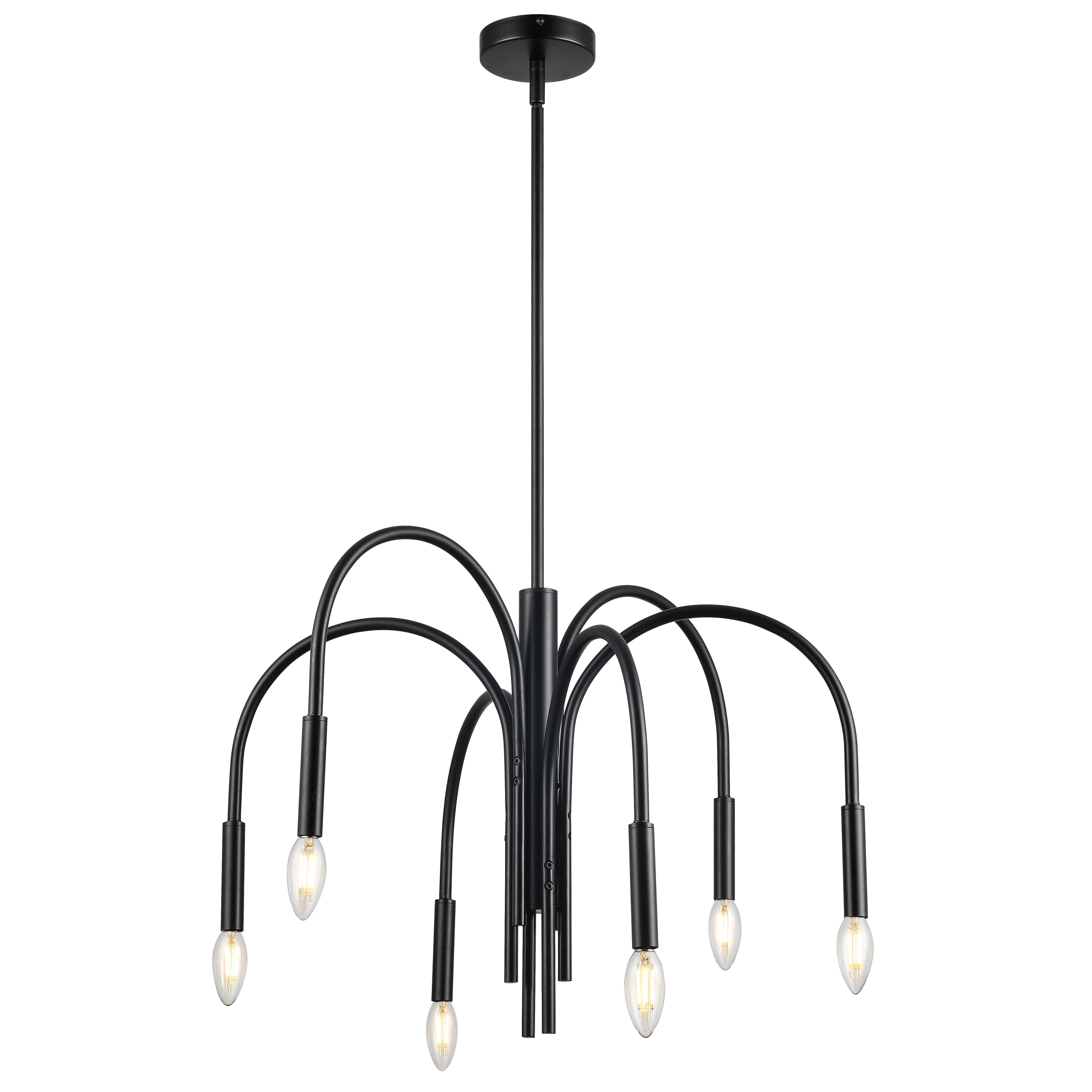 Modern, yet timeless, and sleek, but with a hint of vintage distinction, the Callway chandelier has a fluid sense of elegance that will grace any room.  The base drop is crafted in metal, with a choice of finish that provides a contrast to the light fixtures. The bulbs are round, completing the curved design. Callway chandelier lighting will blend with both modern and more traditional furnishings, including mid-century and pop art design schemes.