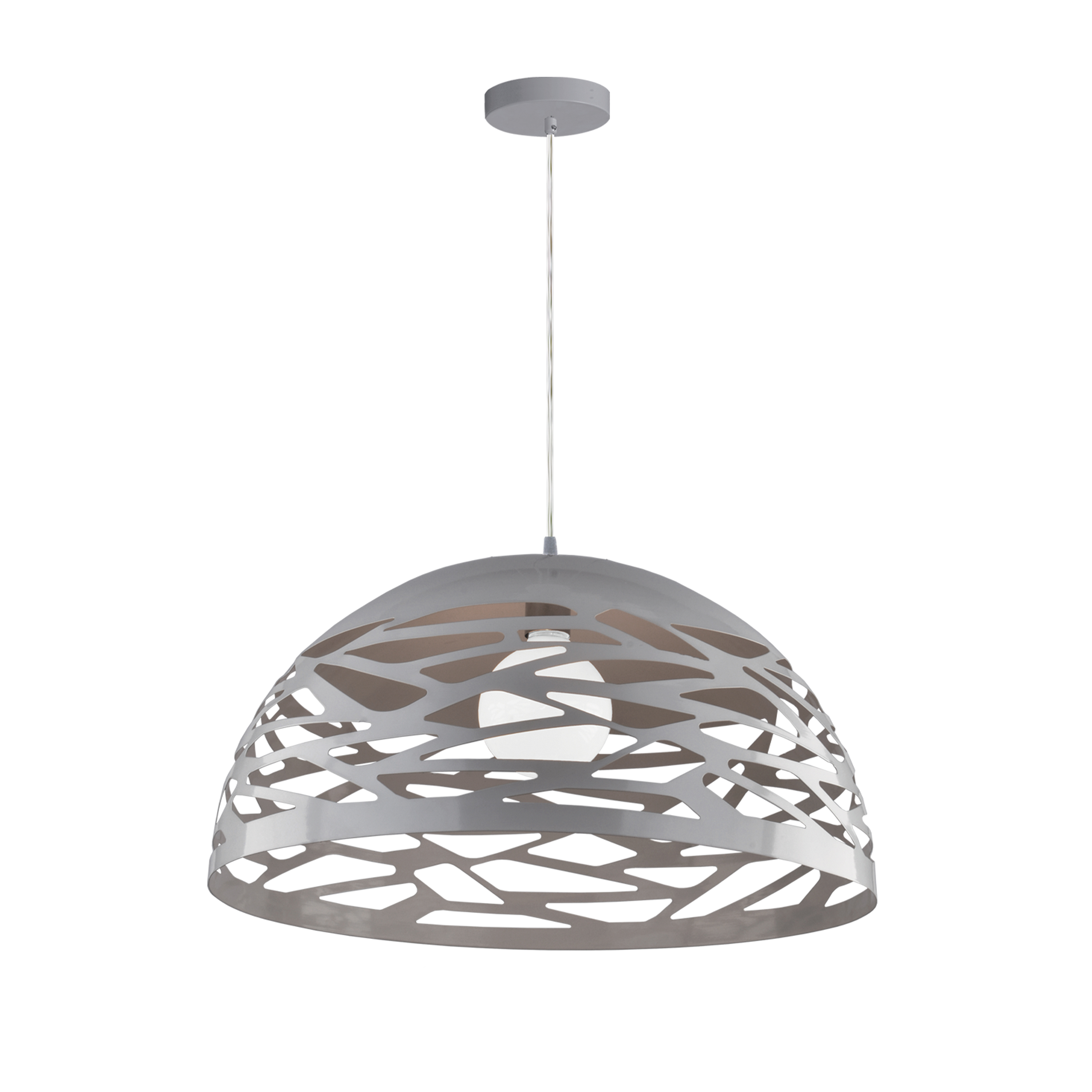 Artful in its design, and elegant in its effect, the Coral family of pendant lighting adds a graceful note to your home. The open pattern creates an eye-catching effect that adds a point of interest to modern and mid-century furnishings.  The metal frame drops to an inverted half globe, with an intriguing and irregular cut-out pattern inspired by the delightfully varied patterns of the coral reef. Clean, stylized lines give it a modern edge. Coral lighting adds textural interest to the smooth lines of a kitchen or dining area.