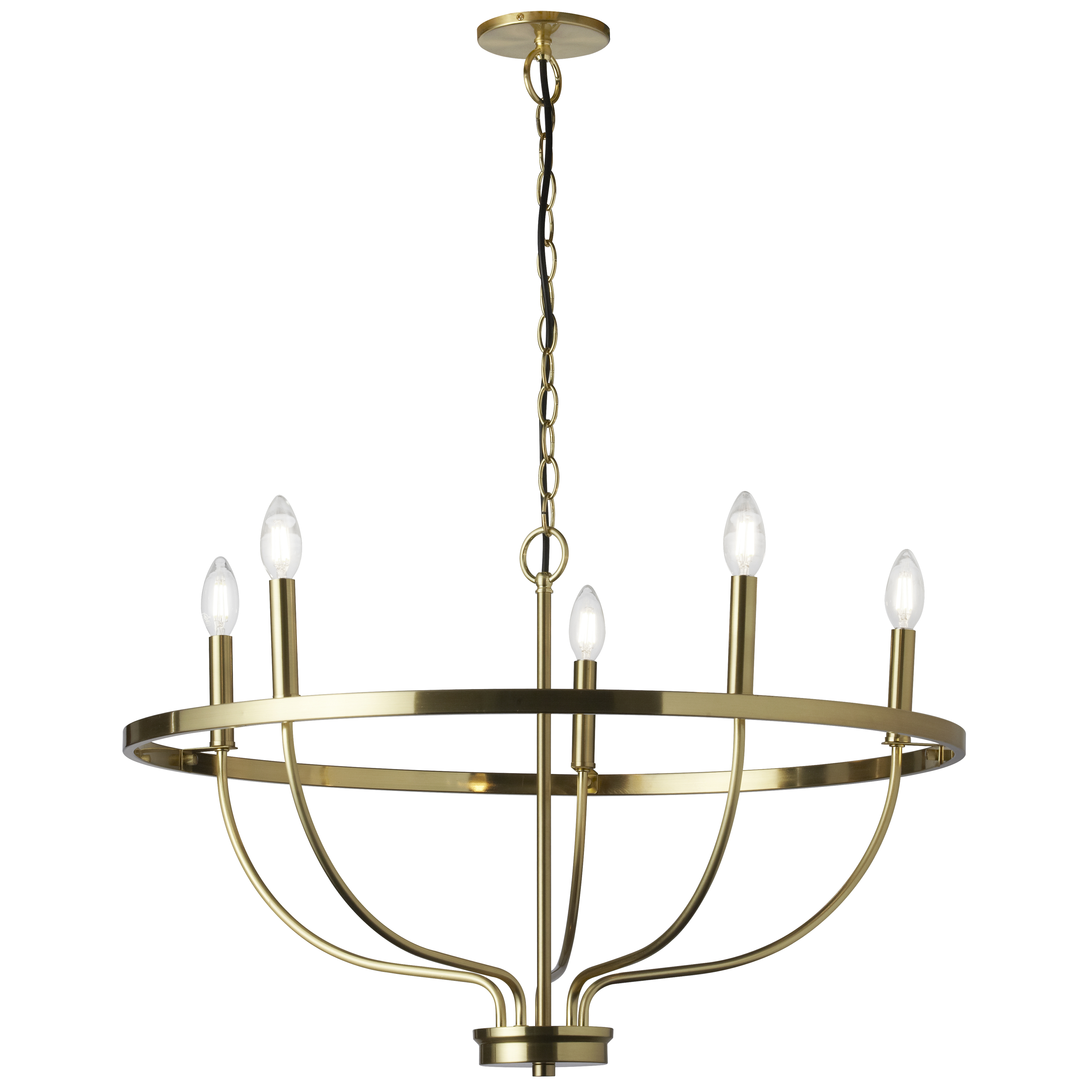 With its timeless curved design, the Cesar chandelier has an effect that's both refined and sophisticated. It combines a sleek, simple sheen with artisan-style elegance for dining rooms, living rooms, and larger bedrooms.  The metal base incorporates a chain drop, and a rounded frame with acrylic bulbs. Using bulbs that emulate the shape of a flame, with an asymmetrical 5-light configuration, it has both modern and traditional appeal.  The Cesar chandelier adds an atmosphere of classic style to your home, with a subtle edge of modernism.