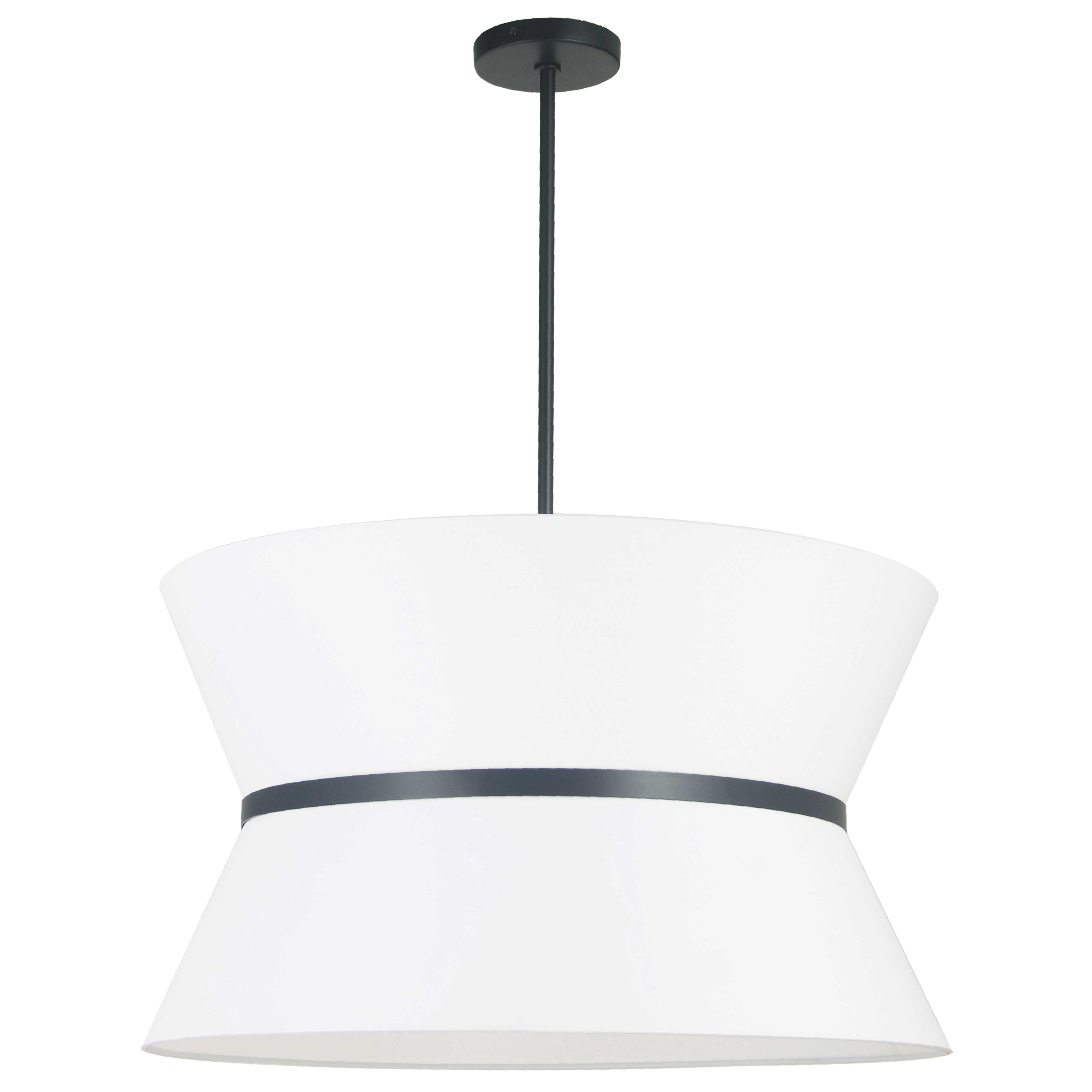 The Caterine family of lighting incorporates an elegant tiered design based on bold contrasts. With options as both pendant and chandelier lighting, Caterine will unify home décor with a luxurious touch.  A drop base in metal with a choice of finishes ends with a cinched fabric shade, adding fluid lines to sleek minimalism or modernist décors. The shade is banded, and comes in a choice of chic base/shade/band combinations. The transitional design will blend with mid-century to ultra modern furnishings, making a statement with a small footprint adaptable to any area.