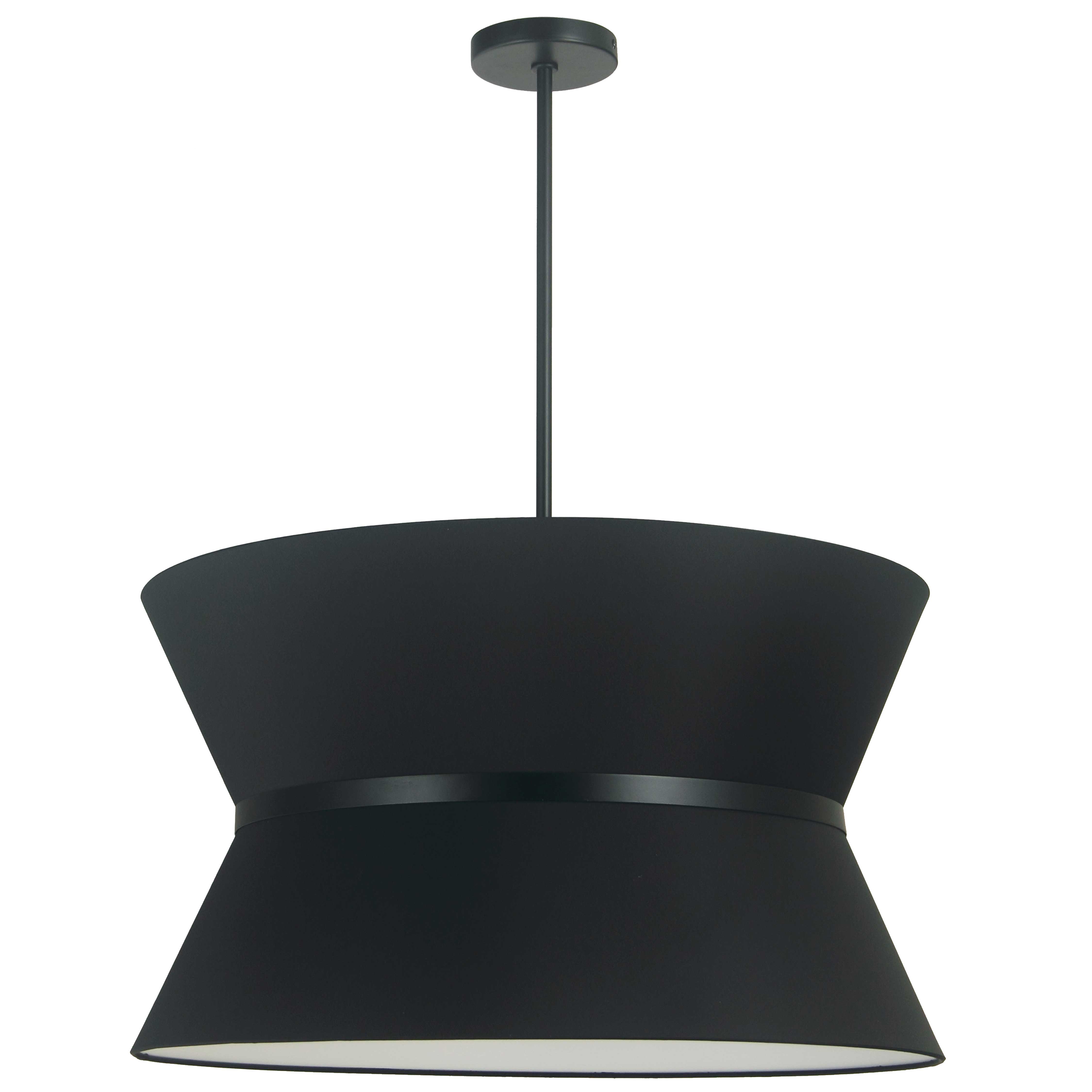 The Caterine family of lighting incorporates an elegant tiered design based on bold contrasts. With options as both pendant and chandelier lighting, Caterine will unify home décor with a luxurious touch.  A drop base in metal with a choice of finishes ends with a cinched fabric shade, adding fluid lines to sleek minimalism or modernist décors. The shade is banded, and comes in a choice of chic base/shade/band combinations. The transitional design will blend with mid-century to ultra modern furnishings, making a statement with a small footprint adaptable to any area.