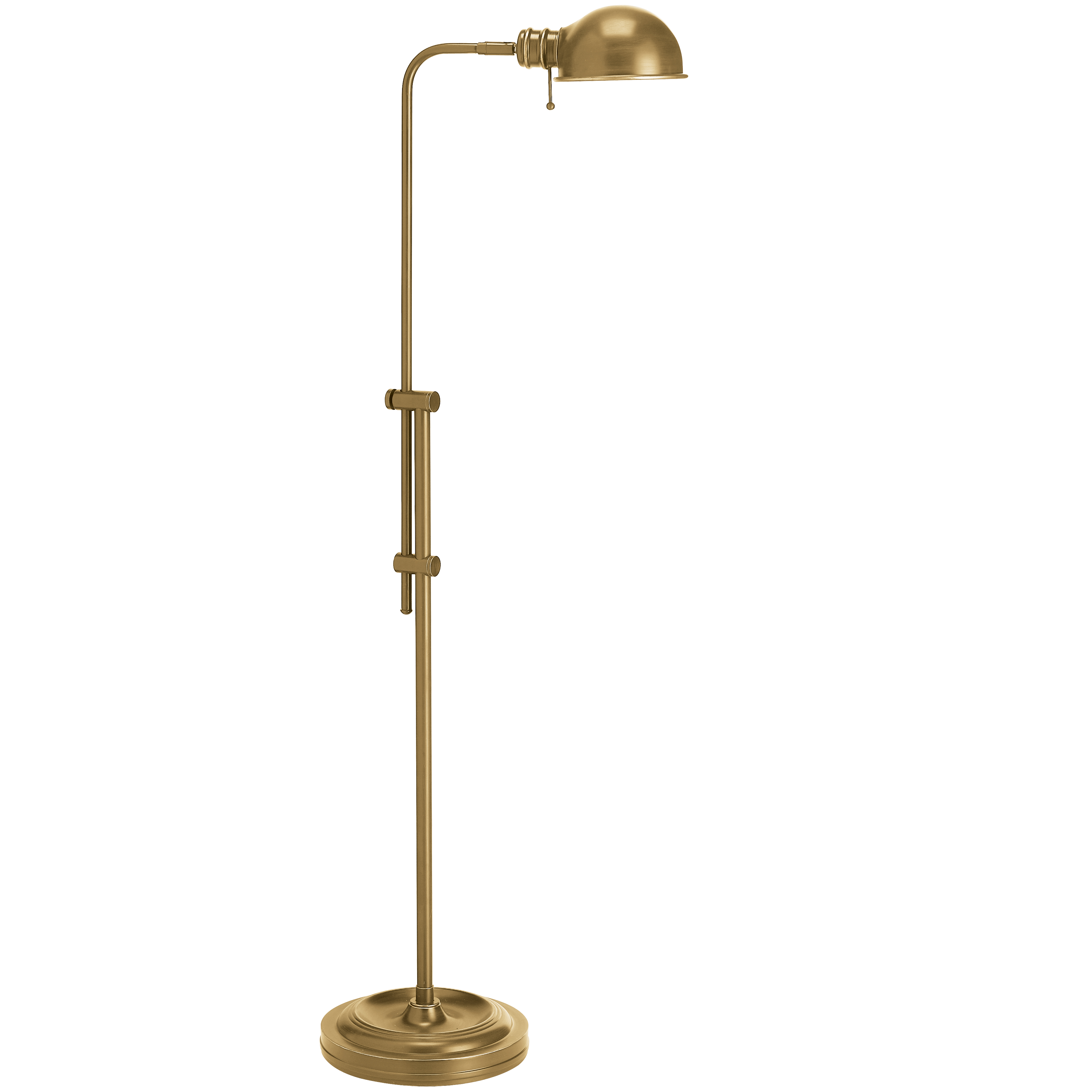 Like its namesake, the Fedora family of lighting pays tribute to traditional forms and designs. The classic pharmacy floor lamp is crafted with efficient modern detail. The metal base and frame are adjustable in height, with a round lamp head, and a pull chain to turn it on. It comes in your choice of finishes to adapt to any traditional décor scheme. Fedora lighting, with its blend of practical features and timeless style, will blend easily with the furnishings in a bedroom, living room or office space.