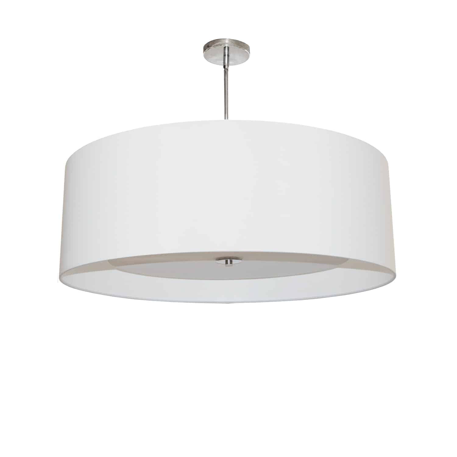 The eye is drawn to the polished minimalism of the Helena family of lighting. The effect is subtle and stylish, making a statement in luxury for discerning tastes.  A minimalist frame in metal with a polished chrome finish is overshadowed by a large drum-style fabric shade in your choice of color. Inside the shade, a white fabric diffuser creates softer, skin-friendly lighting. The look can be set flush to the ceiling for an even more understated effect. Helena lighting adds a fashionable note to your foyer or dining room area, without taking the spotlight away from your overall décor scheme.