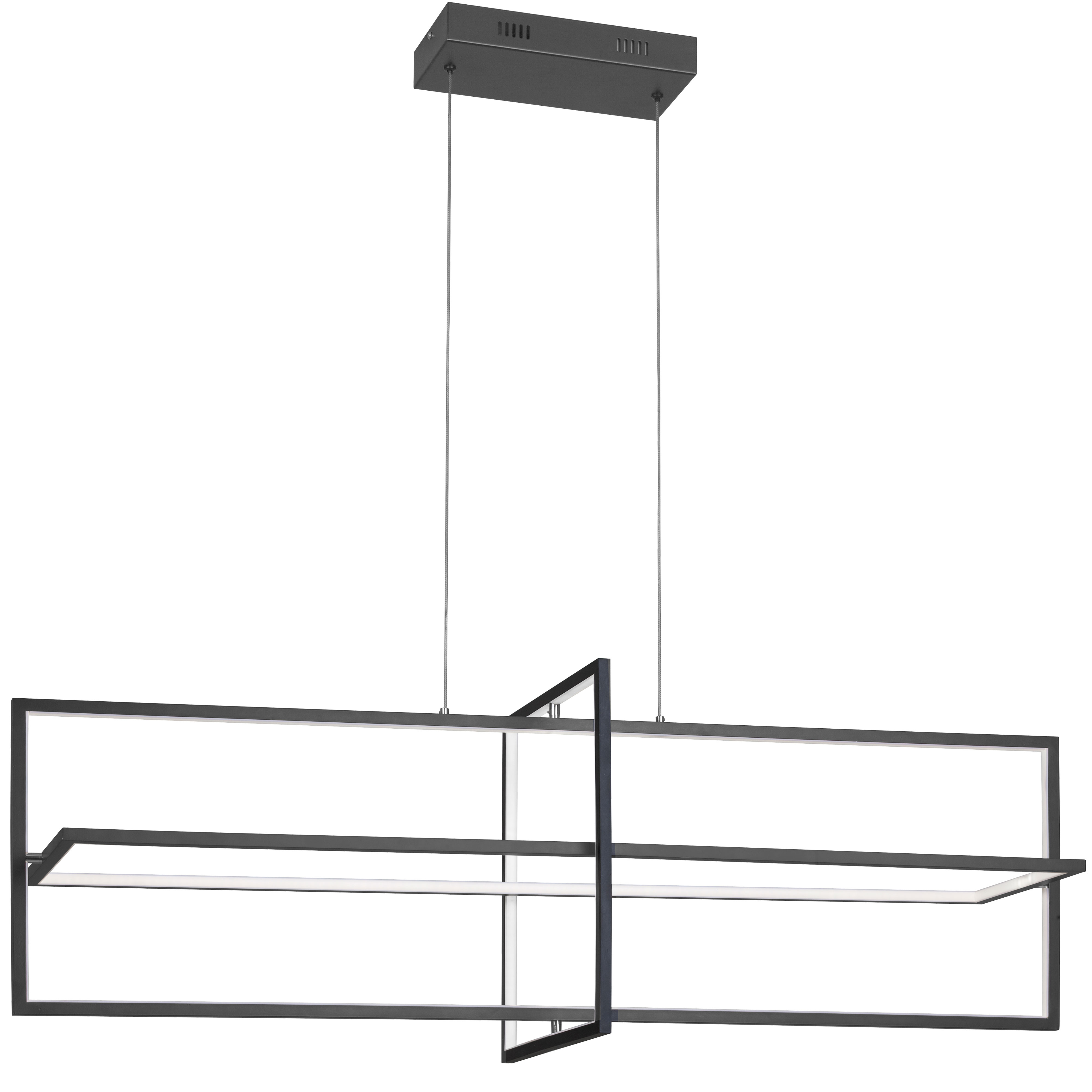 Strikingly artistic with a strong horizontal focus, the Hildegard chandelier offers arresting design in an airy configuration that won't dominate the room. The design features an integrated LED light. LED fixtures produce light at up to 90 percent better efficiency than incandescent lighting. The metal frame in sleek matte black combines three rectangular frames. Along the inside of each frame, a white acrylic diffuser softens the LED lighting to a glow that's flattering to any skin tone. With its vertical footprint and elegant modernism, the Hildegard chandelier works well in a living or dining room, or above a bar area.