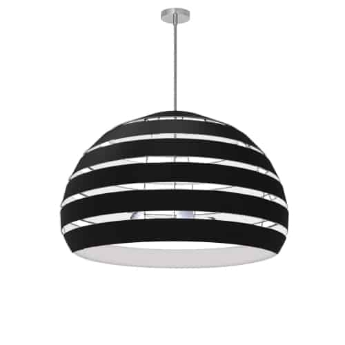 The Hula family of lighting adds a riveting note, and an instant focal point, to your modern or contemporary home décor. It echoes the bold appeal of modernism and mid-century pop art with a confident sense of style.  The metal frame circles around a straight drop, light emanating from a slotted construction. The frame and fabric shade come in a variety of options, including monochromatic in white or black as well as contrasting combinations. The effect is dimensional, and creates an intriguing balance of ambient light in your living or dining room, or main entrance/foyer.