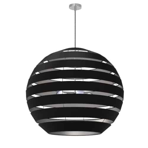 The Hula family of lighting adds a riveting note, and an instant focal point, to your modern or contemporary home décor. It echoes the bold appeal of modernism and mid-century pop art with a confident sense of style.  The metal frame circles around a straight drop, light emanating from a slotted construction. The frame and fabric shade come in a variety of options, including monochromatic in white or black as well as contrasting combinations. The effect is dimensional, and creates an intriguing balance of ambient light in your living or dining room, or main entrance/foyer.