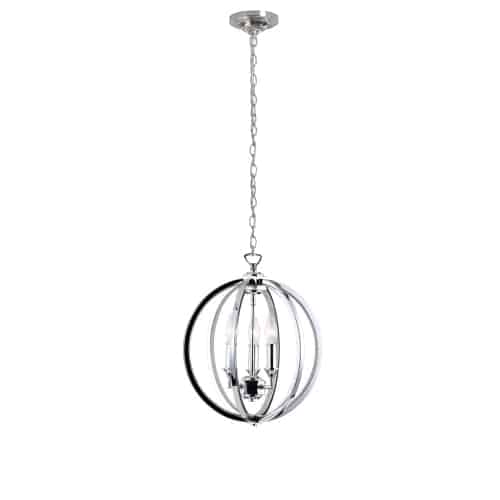It's the details that make the design, and that's apparent in the Karland family of lighting. The simple appeal of the circle is the base for an appealing line of lighting with a timeless and pretty look. A chain drop suspends the metal frame, a rounded cage created with three open circles in a gleaming polished chrome finish. Within that modern construction, a cluster of lights are set in a housing inspired by traditional candle sconces. Shimmering crystals stud the inside of each band, reflecting and amplifying the light. You'll add a decidedly romantic and artistic touch to any dining room, and a welcoming glow to your foyer or main hall.