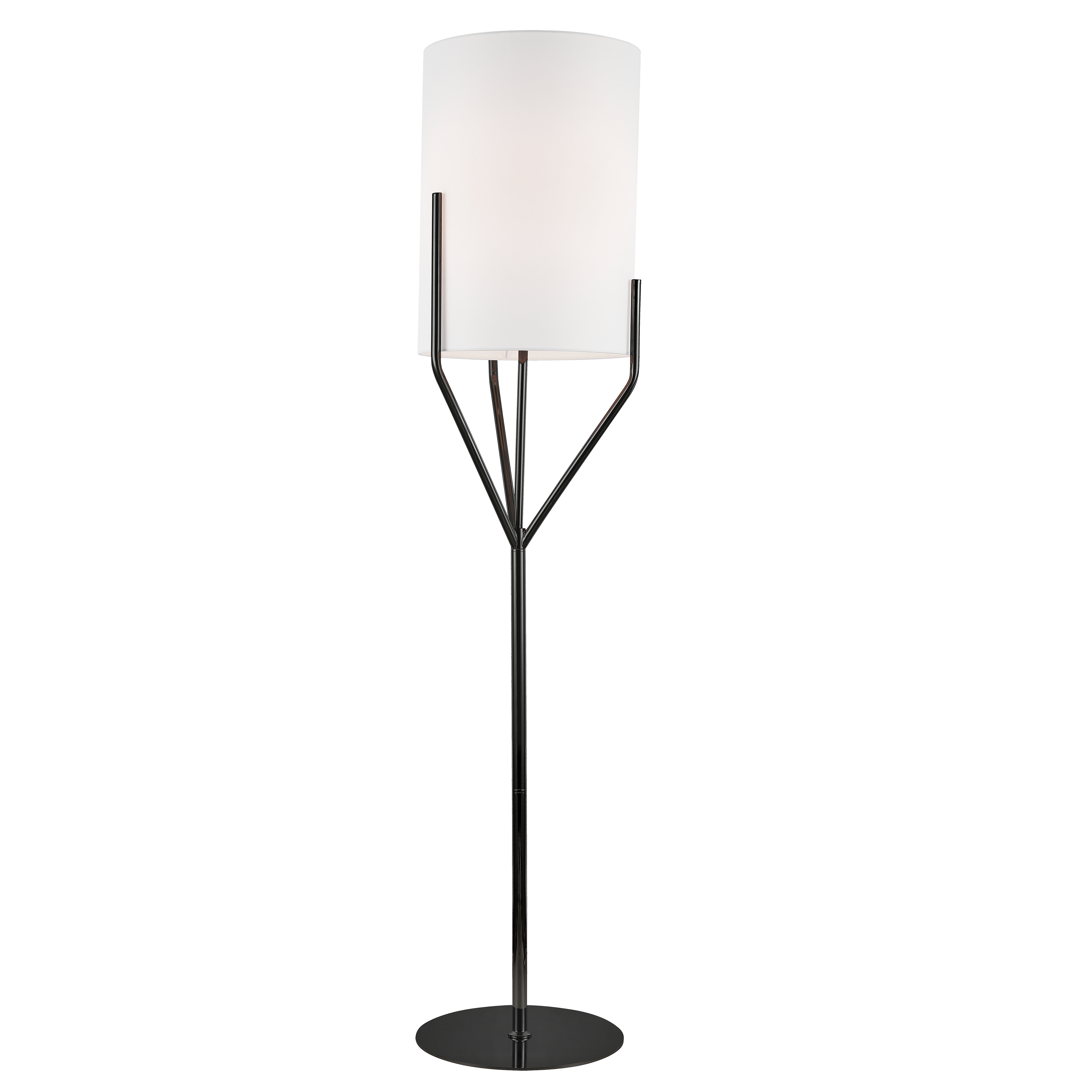 Khloe lighting offers a distinctive design in a floor lamp that will enhance the modern or contemporary décor in any size room. It's a look based on geometry, and the perennial appeal of stylish contrasts. The base and rod in matte black finish splits into a stylized and asymmetrical pattern of four arms that hold the white fabric shade. A tall drum style shade adds an emphatic note to an artistic design. Inspired by the graceful asymmetry of the natural world, Khloe lighting adds its unique aesthetic to bedrooms, living rooms or office spaces.