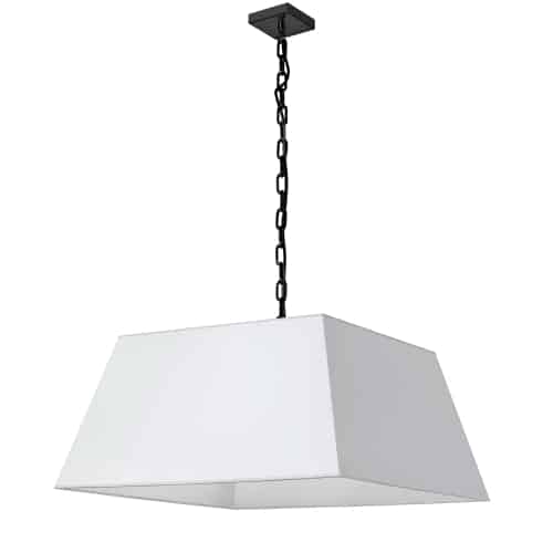 Add flair to your contemporary or minimalist décor with the Milano family of lighting. The design is based on a simple shape, with details that can be tailored to suit your needs. A chain drop leads to a square or rectangular fabric shade that tapers upwards for an elegant silhouette that will blend into surrounding furnishings. Optional metal finishes, as well as for the inner/outer surfaces of the shade, give it a versatile appeal. Clean, straight lines make it suitable for kitchens, dining and living rooms.