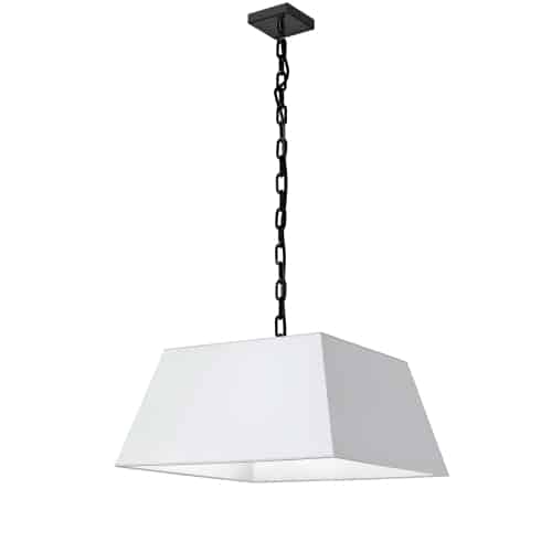Add flair to your contemporary or minimalist décor with the Milano family of lighting. The design is based on a simple shape, with details that can be tailored to suit your needs. A chain drop leads to a square or rectangular fabric shade that tapers upwards for an elegant silhouette that will blend into surrounding furnishings. Optional metal finishes, as well as for the inner/outer surfaces of the shade, give it a versatile appeal. Clean, straight lines make it suitable for kitchens, dining and living rooms.