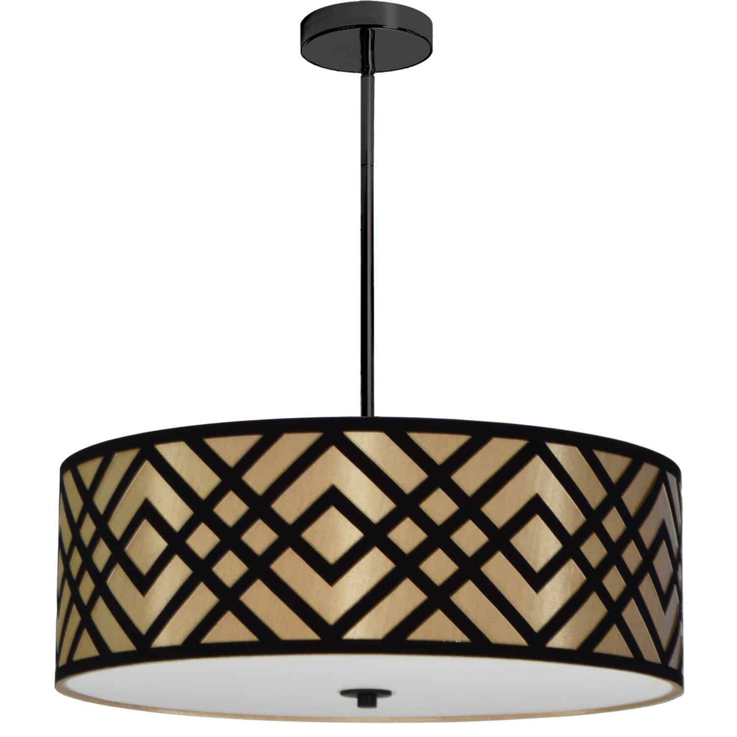 The classic drum style light fixture gets a pop of conspicuous couture style in the Mona family of lighting. Mona lighting is characterized by an eye-catching pattern with a slim profile, creating a look that can blend with a range of décor styles. A discrete metal frame holds the stylish two-color fabric shade. With warm or cool colorways available, a lighter base color is overlaid with a mesmerizing geometric patterns of criss-crossing lines. Available in flush mount or pendant configurations, it creates a fashionable focal point in living and dining rooms, foyers or main hallways.