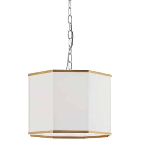 The Octavia family of lighting has a regal sense of fashion that creates a substantial presence in any room. The sheen of flat surfaces draws the eye, creating a dimensional look with a simple outline. A metal chain drop and frame are overshadowed by a large fabric shade in the eye-catching shape of an octagon. With options in metal finish and fabric colors, including a visible metal trim, the overall effect can be made more subtle or more dramatic according to your needs. With a nod to mid-century grandeur in a thoroughly contemporary construction, Octavia lighting is suitable for main rooms and areas of the home, including living room, kitchen and foyer.