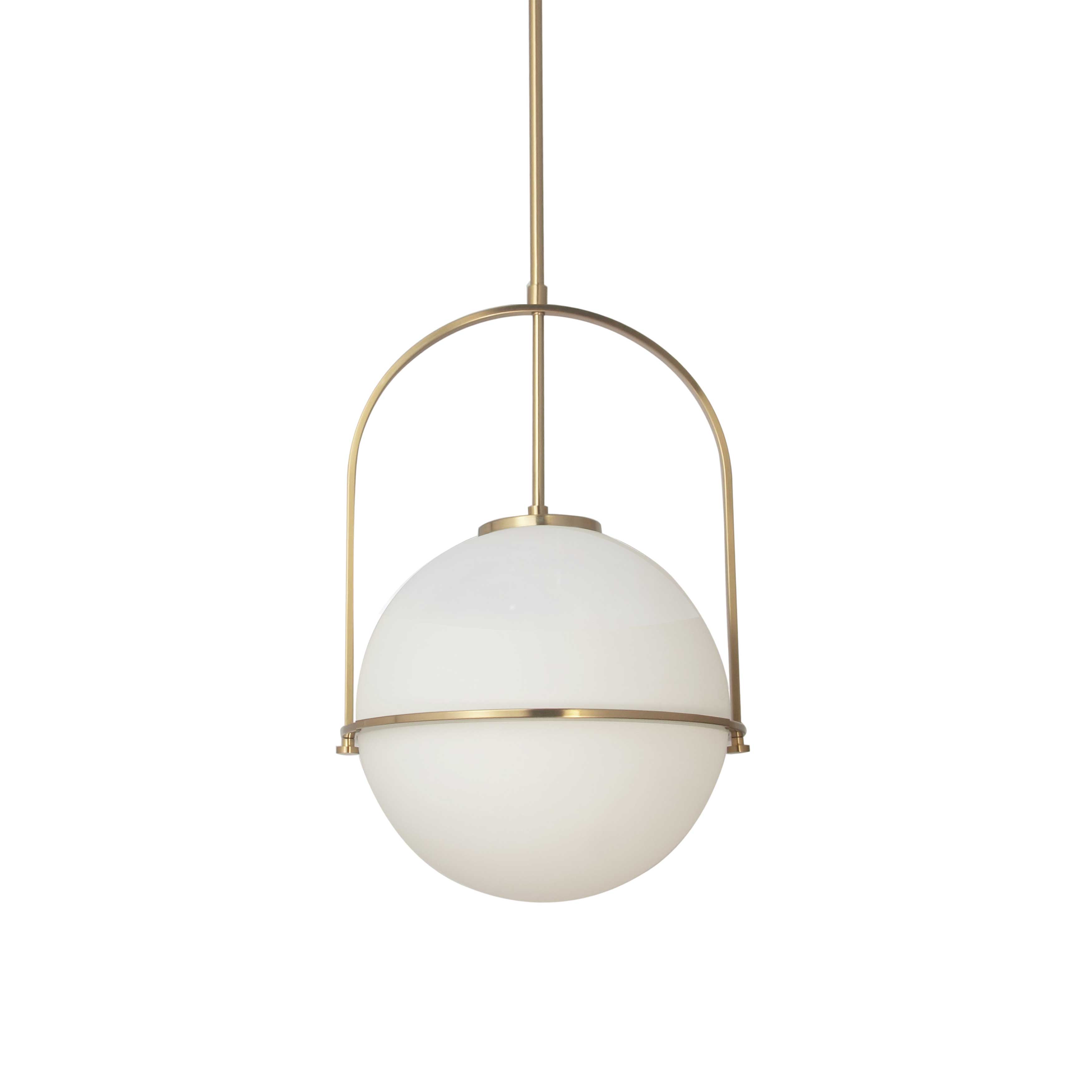 The Paola family of lighting incorporates a thoroughly up to date aesthetic in a clean geometric design. Linear elements soften the impact of a large globe at the center of the fixture. A metal frame in your choice of finish circles around an opal glass globe, casting soft, skin-friendly light. Another arm of the frame circles back over the globe, creating a longer drop profile. Paola lighting adds a focal point to a foyer or hallway, and welcome curves to a kitchen or dinette.