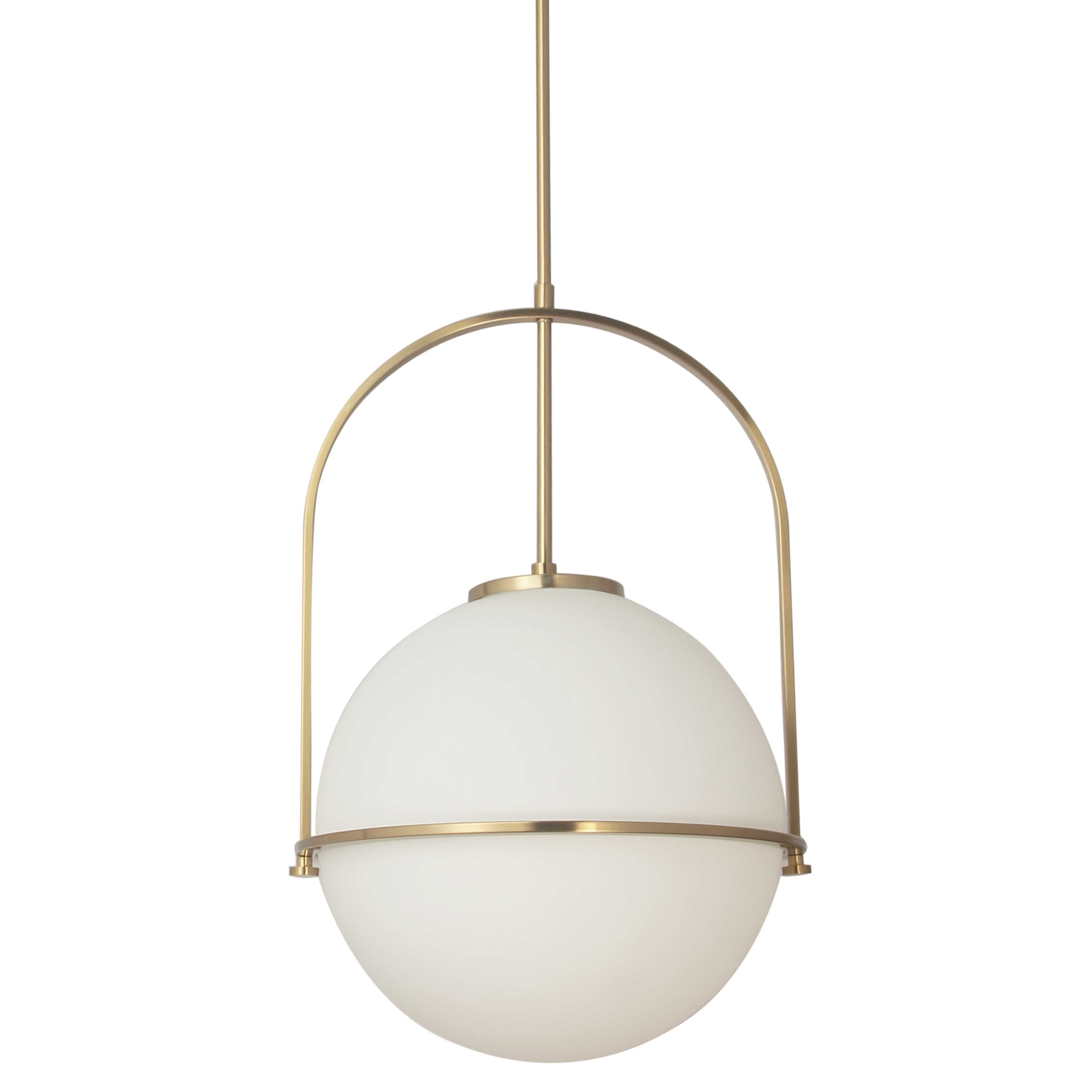 The Paola family of lighting incorporates a thoroughly up to date aesthetic in a clean geometric design. Linear elements soften the impact of a large globe at the center of the fixture. A metal frame in your choice of finish circles around an opal glass globe, casting soft, skin-friendly light. Another arm of the frame circles back over the globe, creating a longer drop profile. Paola lighting adds a focal point to a foyer or hallway, and welcome curves to a kitchen or dinette.