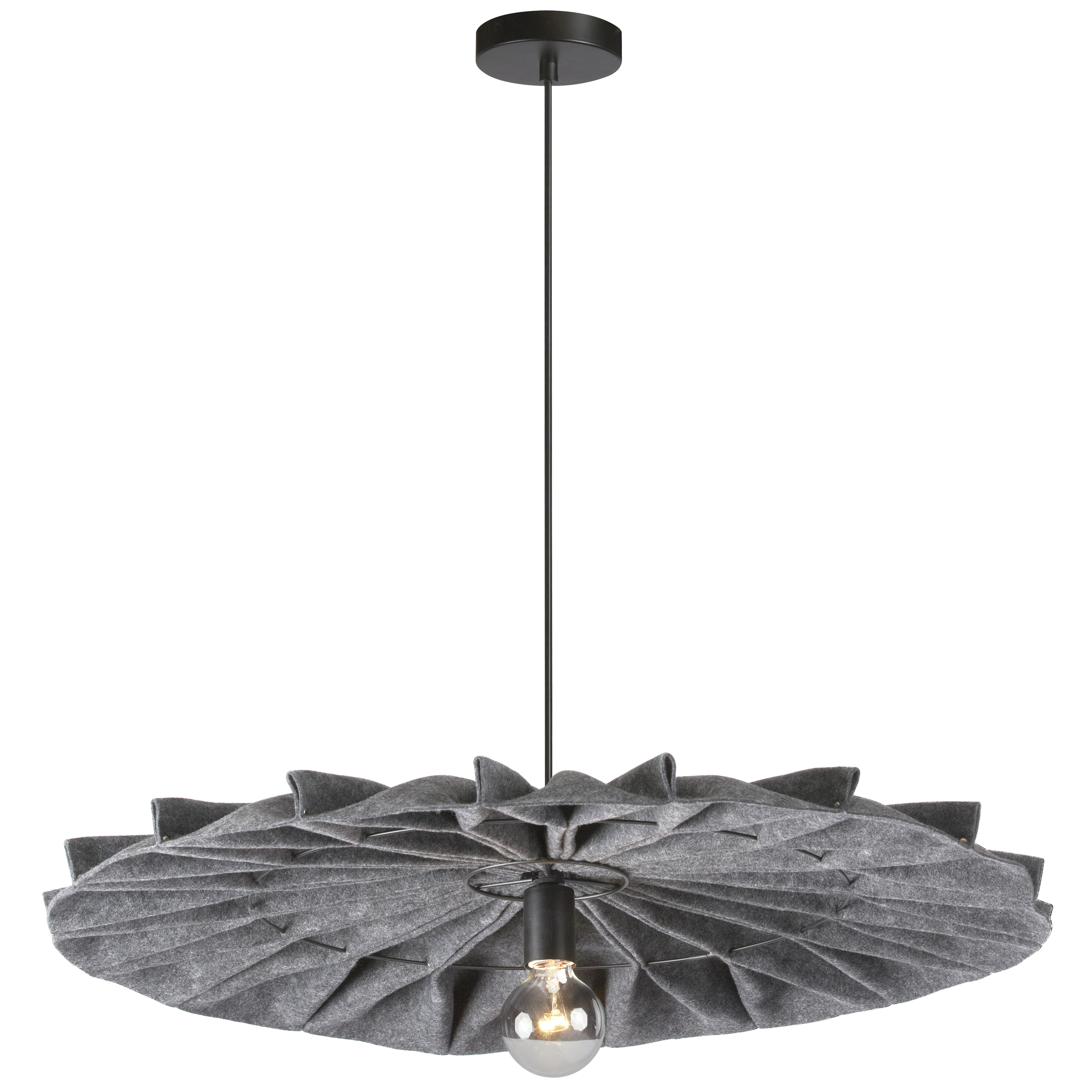 Delightfully different, the Plegado family of lighting is characterized by its unique silhouette. The look is uber-chic in a Parisian mode, and will enhance décor schemes from early 20th century to contemporary with its versatile appeal. A metal frame in discreet matte black threads ingeniously into and around a pleated gray felt shade. The effect is intricate and draws the eye immediately. Plegado lighting will create its own focal point while enhancing your living or dining room, or a stylish office suite.