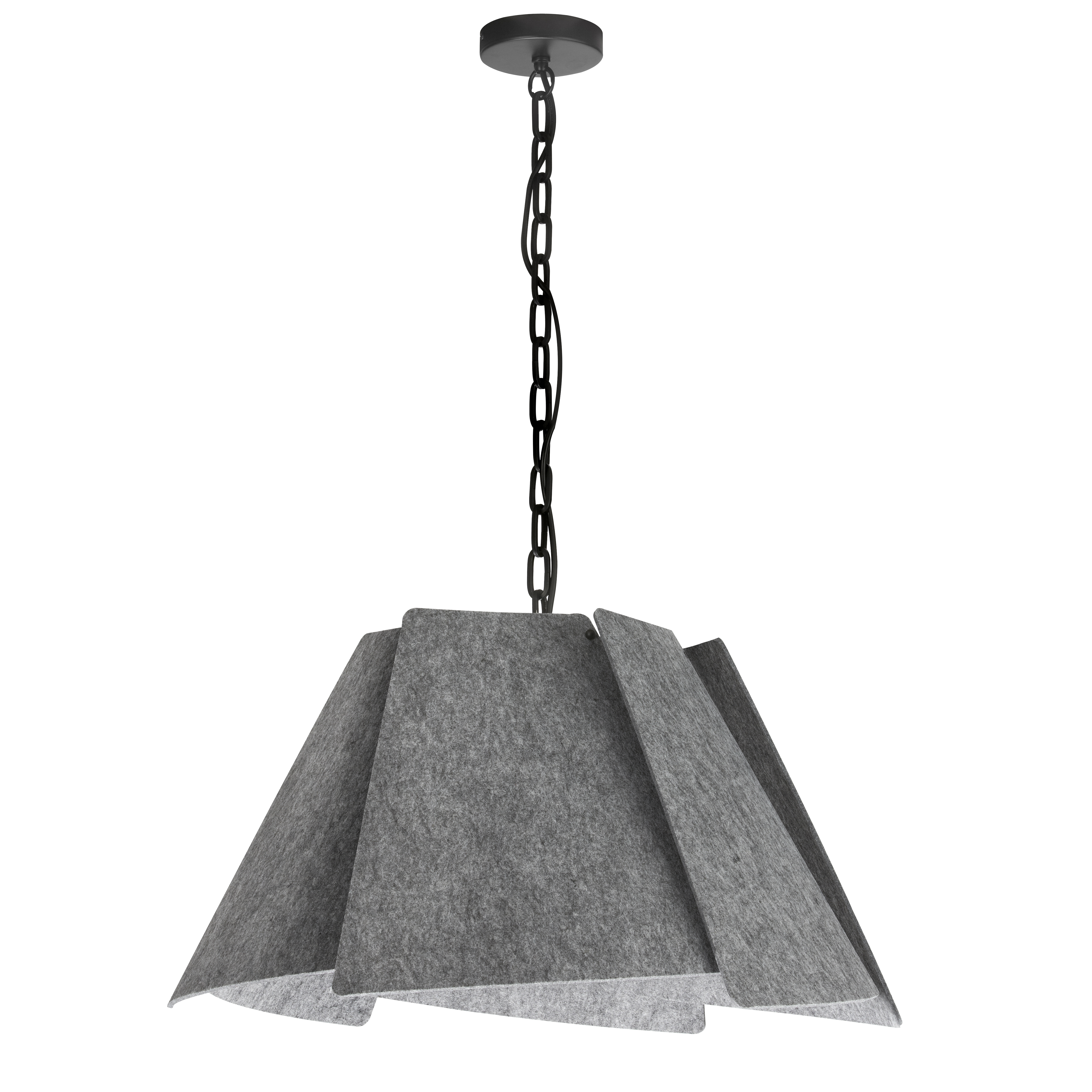 Artful Philomena lighting features a textural, dimensional look that draws attention, but won't overwhelm the surrounding furnishings. With its emphasis on fabric and draping, it works well with many home décors. A chain drop and frame in matte black are overshadowed by a wonderfully detailed fabric shade. The gray felt shade is tapered, with the fabric draped round it in eye-catching pleats. The effect is fashionable, and will enhance your mid-century to contemporary living and dining rooms, and create a chic focal point in the foyer.