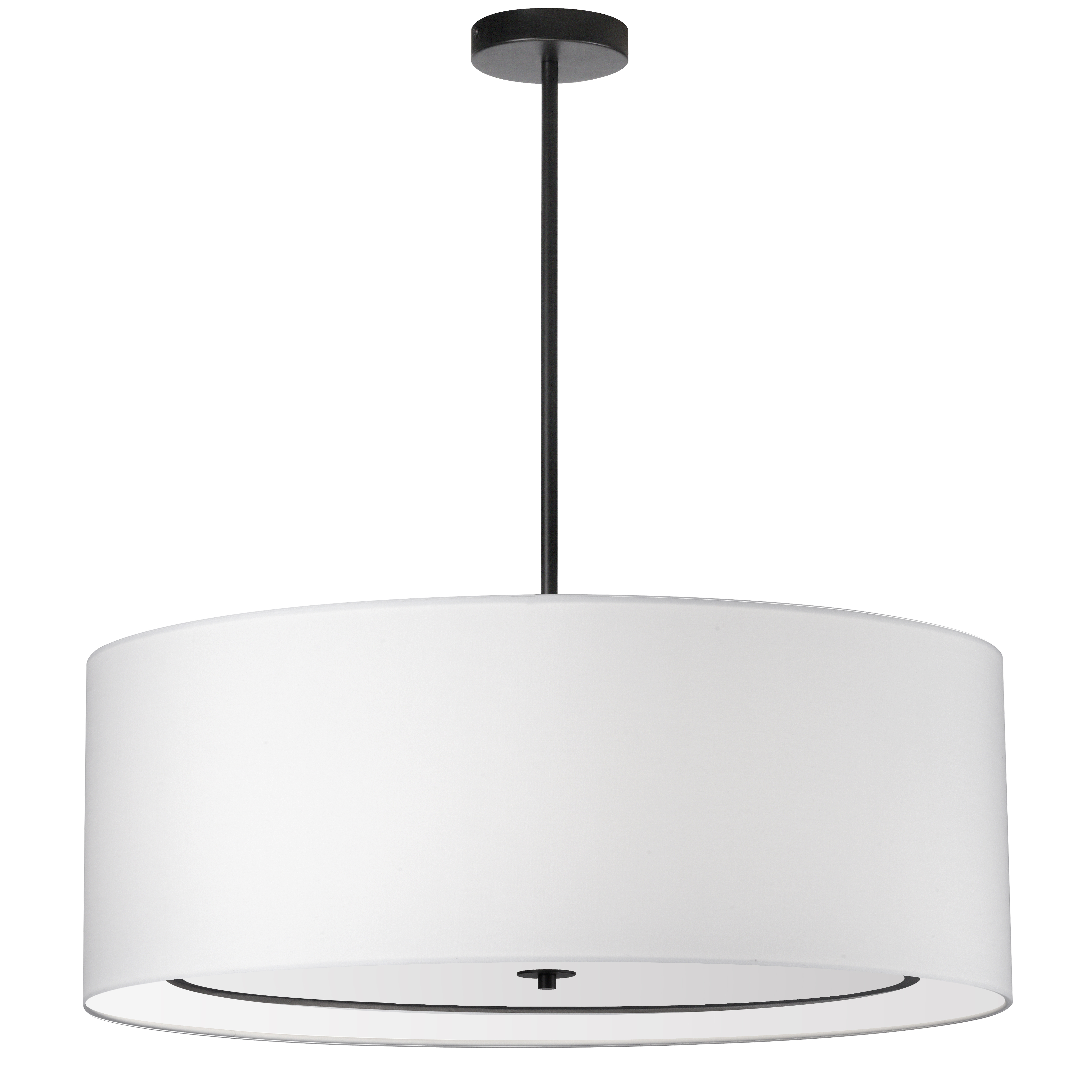 Elegant in its simplicity, the Porscha family of lighting adds a note of chic contrast to contemporary or minimalist furnishings. Its pleasing curves make a definitive statement in refined style. The metal frame comes in matte black finish, contrasted by a white fabric shade. It's a classic color combination echoed in the white and black diffuser along the inside of the design. It's a clean and traditional drum shade design with a polished contemporary makeover, perfect for living rooms, kitchens or foyers.  