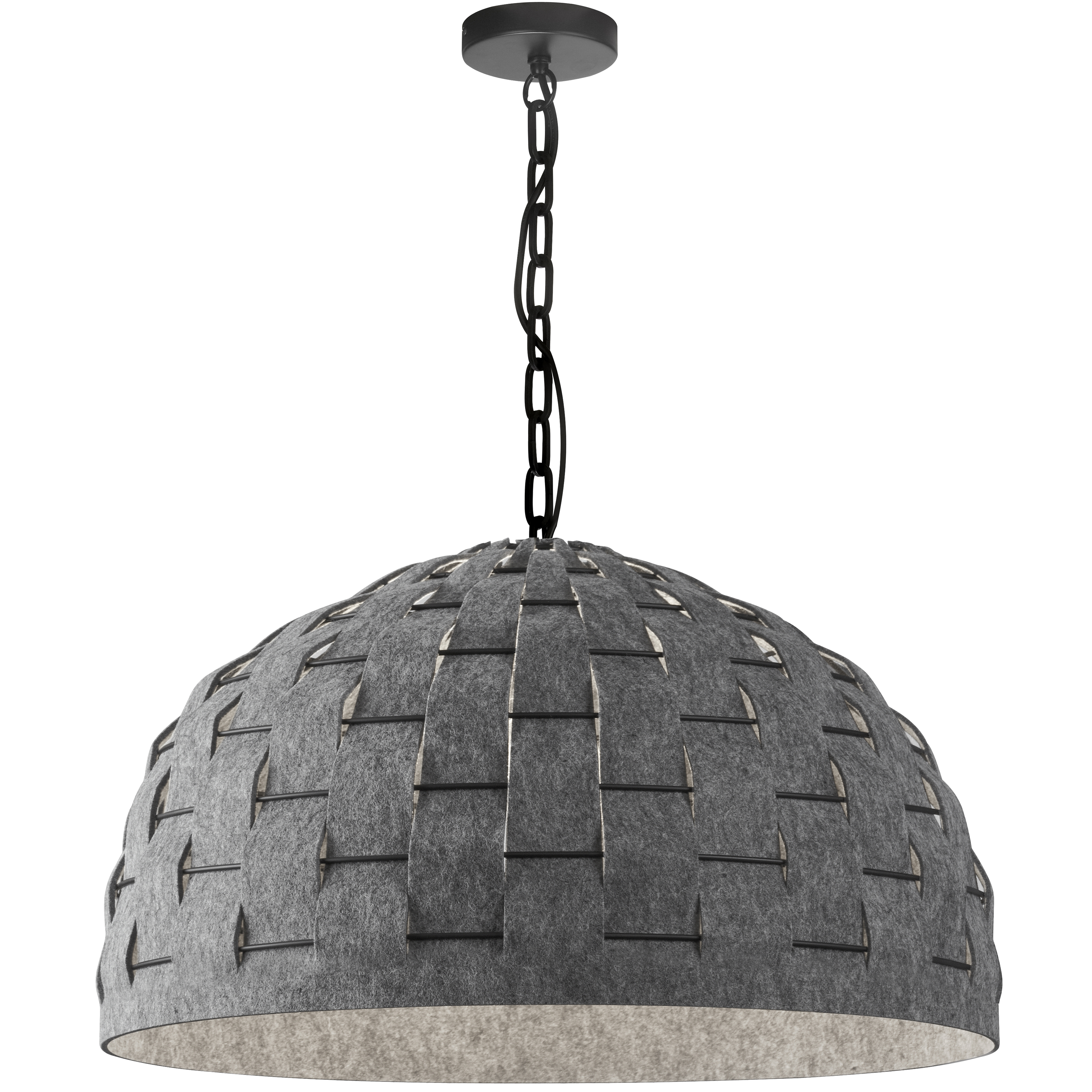 Fashionably funky, the Priscilla family of lighting adds textural as well as artisan-style appeal to your home. It's a creative variation on the classic dome shade, perfect for modern furnishings. The simple drop leads to a metal frame which an open work dome.  Soft gray felt is woven into the frame, creating a singular look that will draw attention to the room around it. Priscilla lighting adds a focal point to kitchens, dinettes or a main foyer of your home.
