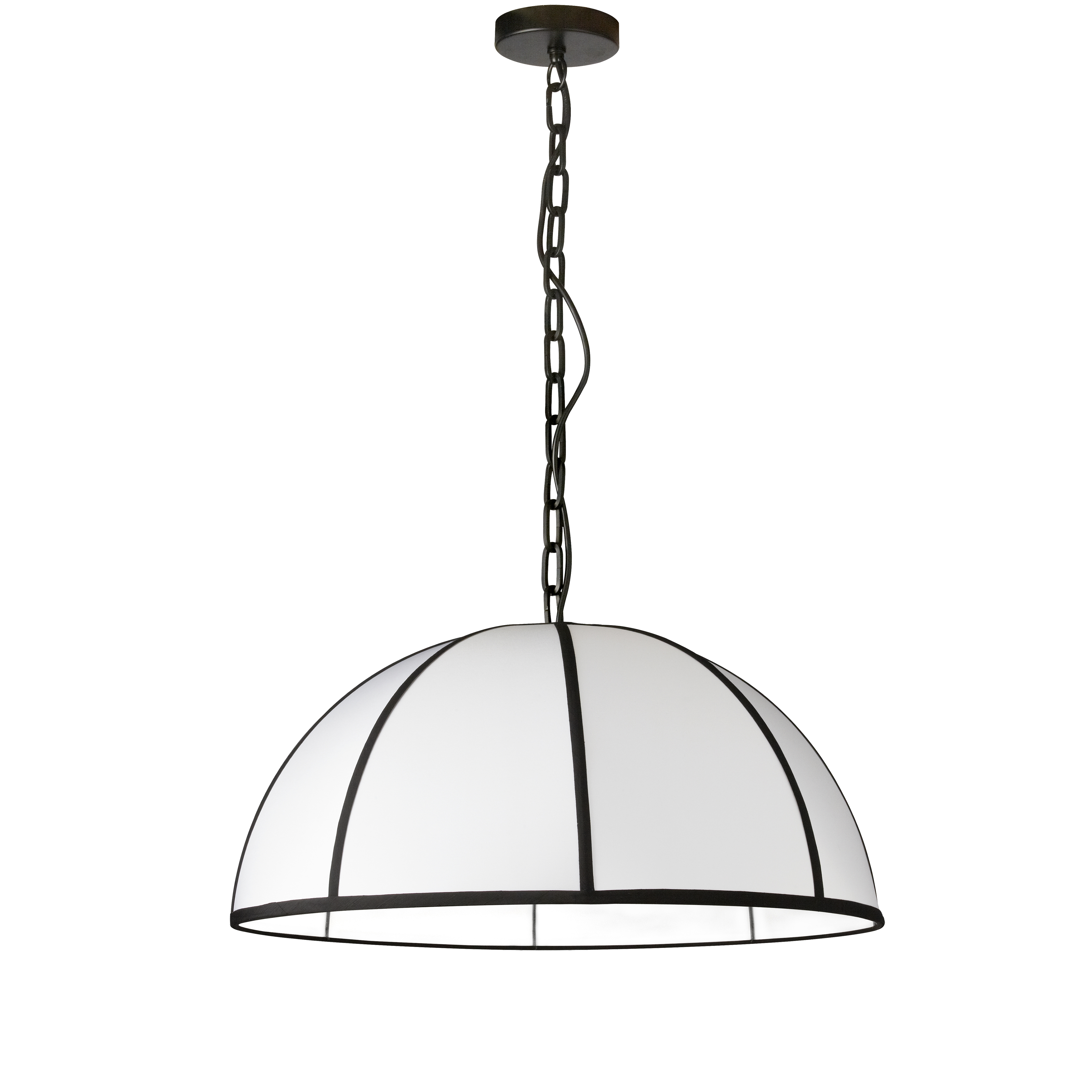 Attention to detail creates a fashion statement out of the classic drum shape in the Portobello family of lighting. Like its culinary namesake, the generous proportions of an inverted drum shape gives Portobello lighting a spacious feel. The metal frame in matte black matches trim that creates a segmented look on the fabric shade. A variety of fabric color options add a captivating contrast to the design. Available in a variety of sizes, and with its classic look, Portobello lighting is suitable for kitchens, living rooms and office spaces.