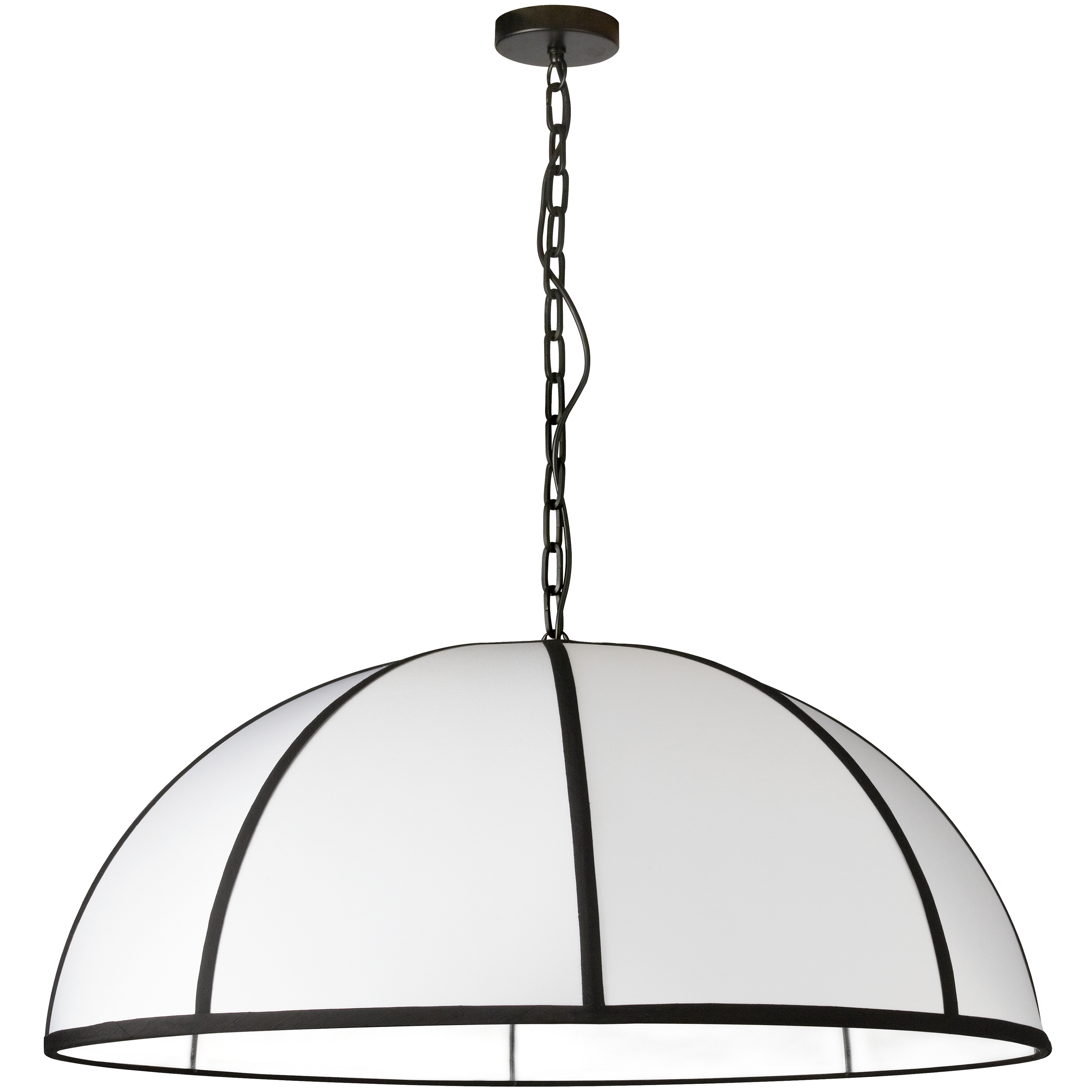 Attention to detail creates a fashion statement out of the classic drum shape in the Portobello family of lighting. Like its culinary namesake, the generous proportions of an inverted drum shape gives Portobello lighting a spacious feel. The metal frame in matte black matches trim that creates a segmented look on the fabric shade. A variety of fabric color options add a captivating contrast to the design. Available in a variety of sizes, and with its classic look, Portobello lighting is suitable for kitchens, living rooms and office spaces.