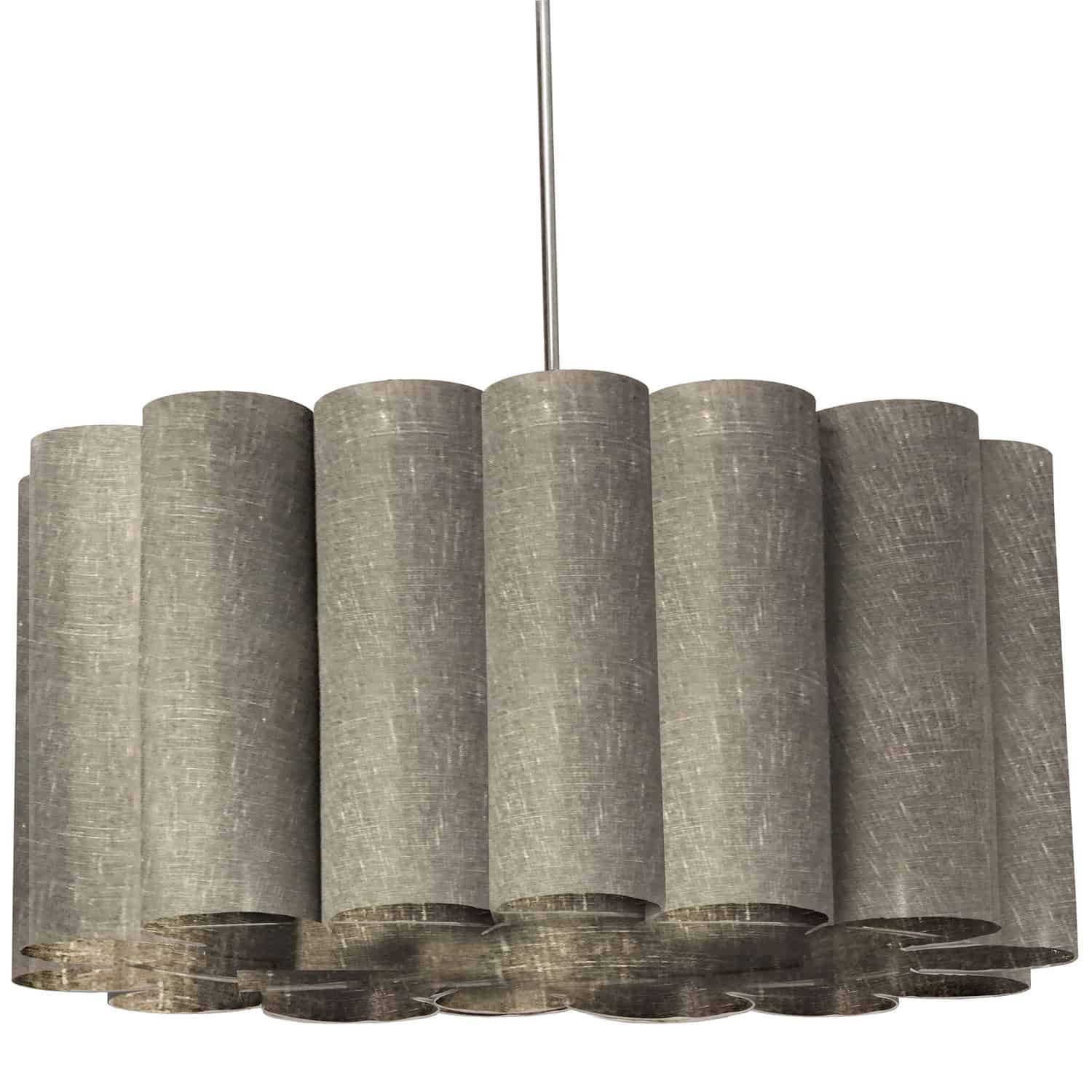 Pretty Sandra lighting offers a textural and artistic appeal that will enhance the furnishing around it. It's a fashionable look with a Parisian-style couture flair. The simple metal drop and frame are discrete, putting the spotlight on the chic fabric shade. The classic straight drum shape is enhanced with a scalloped texture, available in a variety of fabric colors. With its noticeable presence and air of luxury, the Sandra family of lighting adds an instant focal point to kitchens, living and dining rooms.