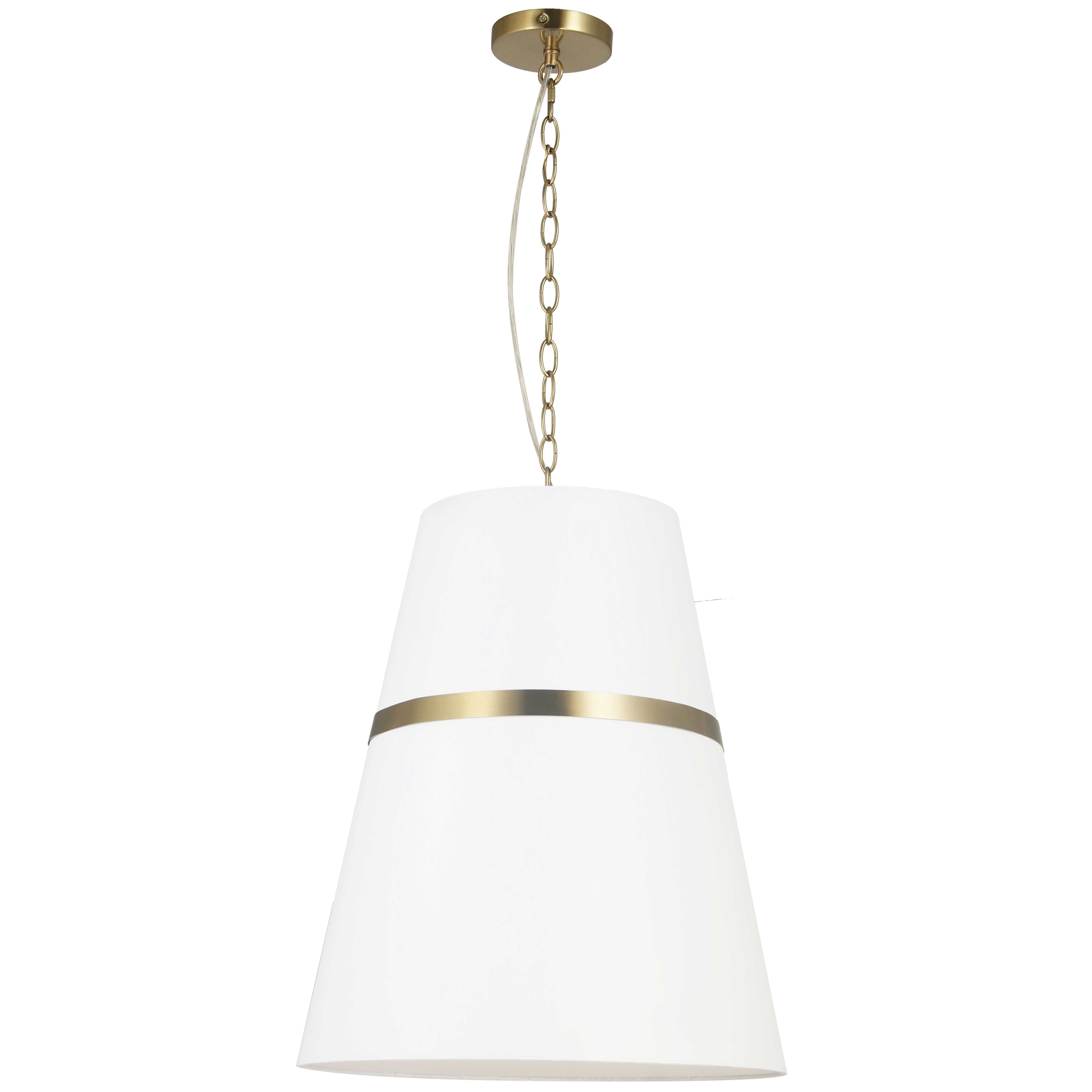 The Symphony family of lighting features a sophistication and sense of style that evokes haute couture. It blends simple shapes and principles into an eye-catching design. The metal chain drop leads to an unobtrusive frame inside a chic white shade in a tapered drum shape. A band of matching metal around the tapered end of the shade creates an eye-catching contrast. Available in pendant or flush configurations, it's a sleek and fashionable look that will draw attention to the furnishing around it in your mid-century to contemporary home.