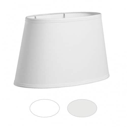   Oval hardback shade with self-trim (trim same material as shade). 4-way washer, 1” drop.  