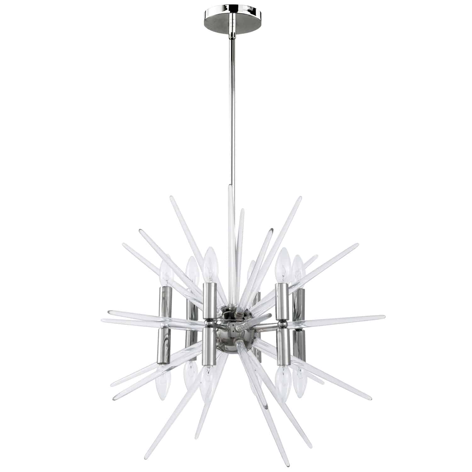 The Vela family of lighting has a thoroughly modern appeal, with sleek finishes and reflective surfaces. It's an uncommonly artistic multi-dimensional construction that is sure to garner attention. The metal frame features a central globe, with lights set vertically at either end of arms that spoke out from it. Gleaming acrylic spikes punctuate the design above, below and through the light housing. A living room or kitchen, or stylish foyer, is the perfect setting for the bright and beautiful Vela family of lights.